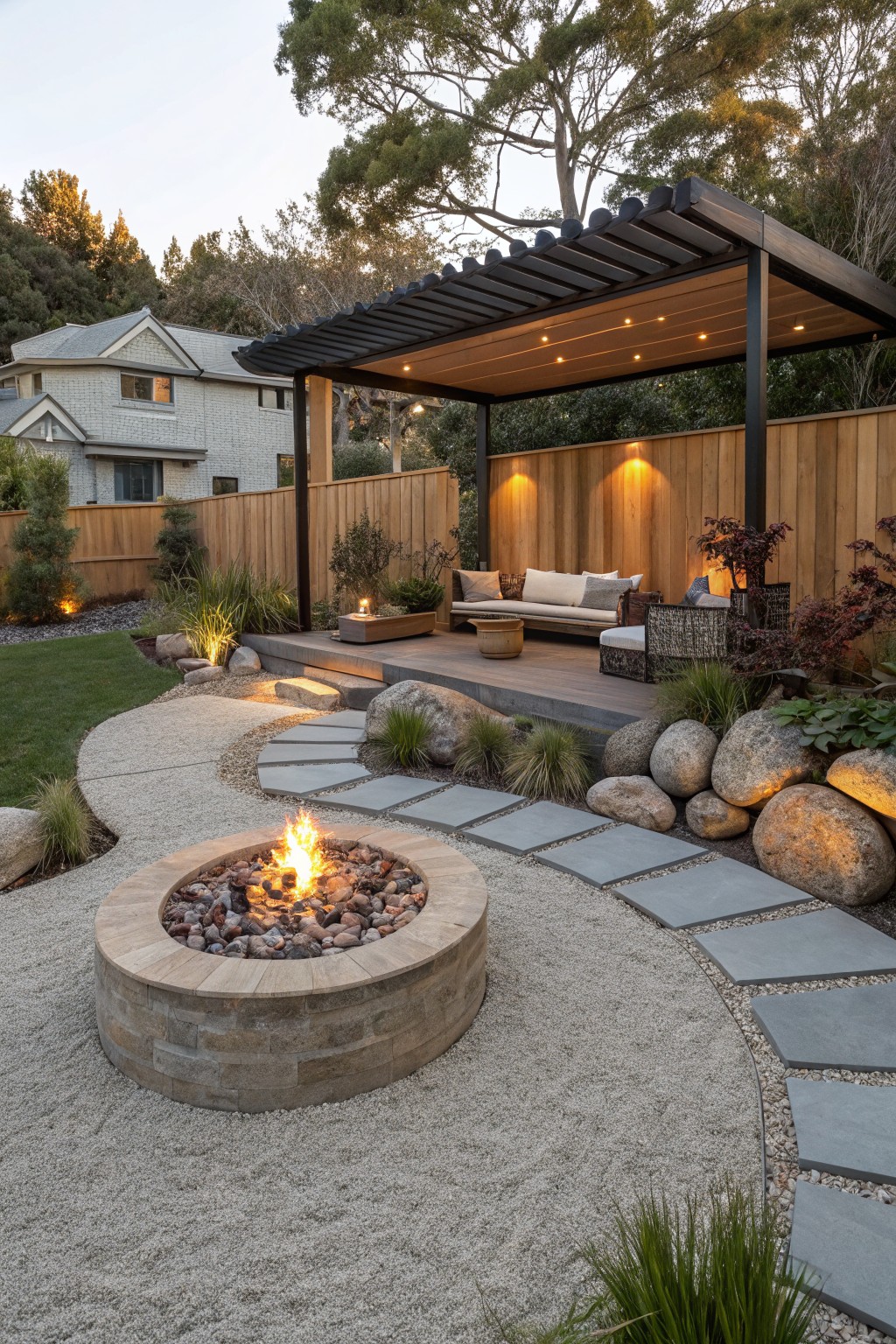 Backyard rock garden with a curved path of gray stone pavers set in light gravel circling a built-in stone fire pit, surrounded by large boulders and low grasses, next to a elevated wooden deck under a black slatted pergola with outdoor seating.