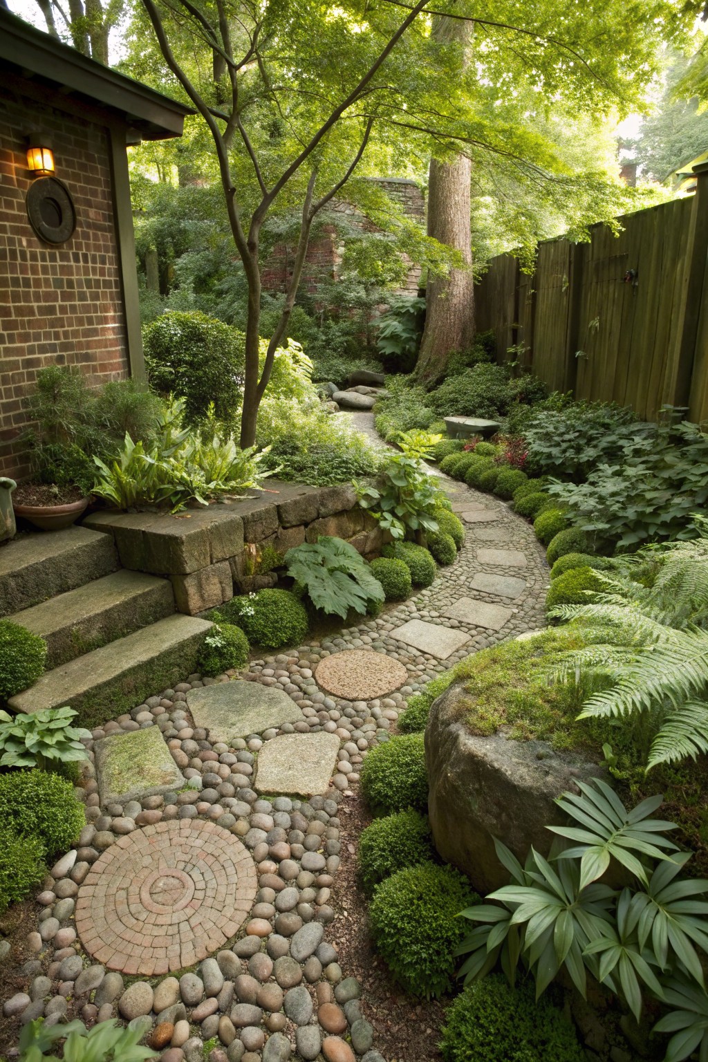Winding garden path of irregular stone slabs set in pebbles and gravel, edged by ferns, moss balls, green shrubs, and mossy boulders, next to stone steps and a brick wall in a shaded yard.