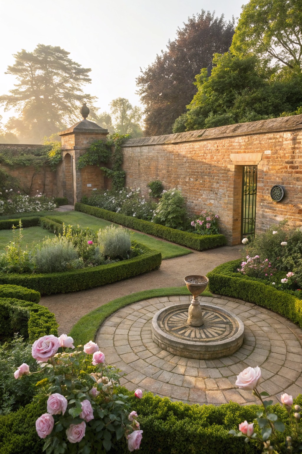 A formal walled brick garden courtyard featuring symmetrical boxwood hedges outlining lawn and flower beds with pink roses, lavender, and other plants, centered on a circular stone path with a pedestal fountain, trees and arches in the background under morning light.