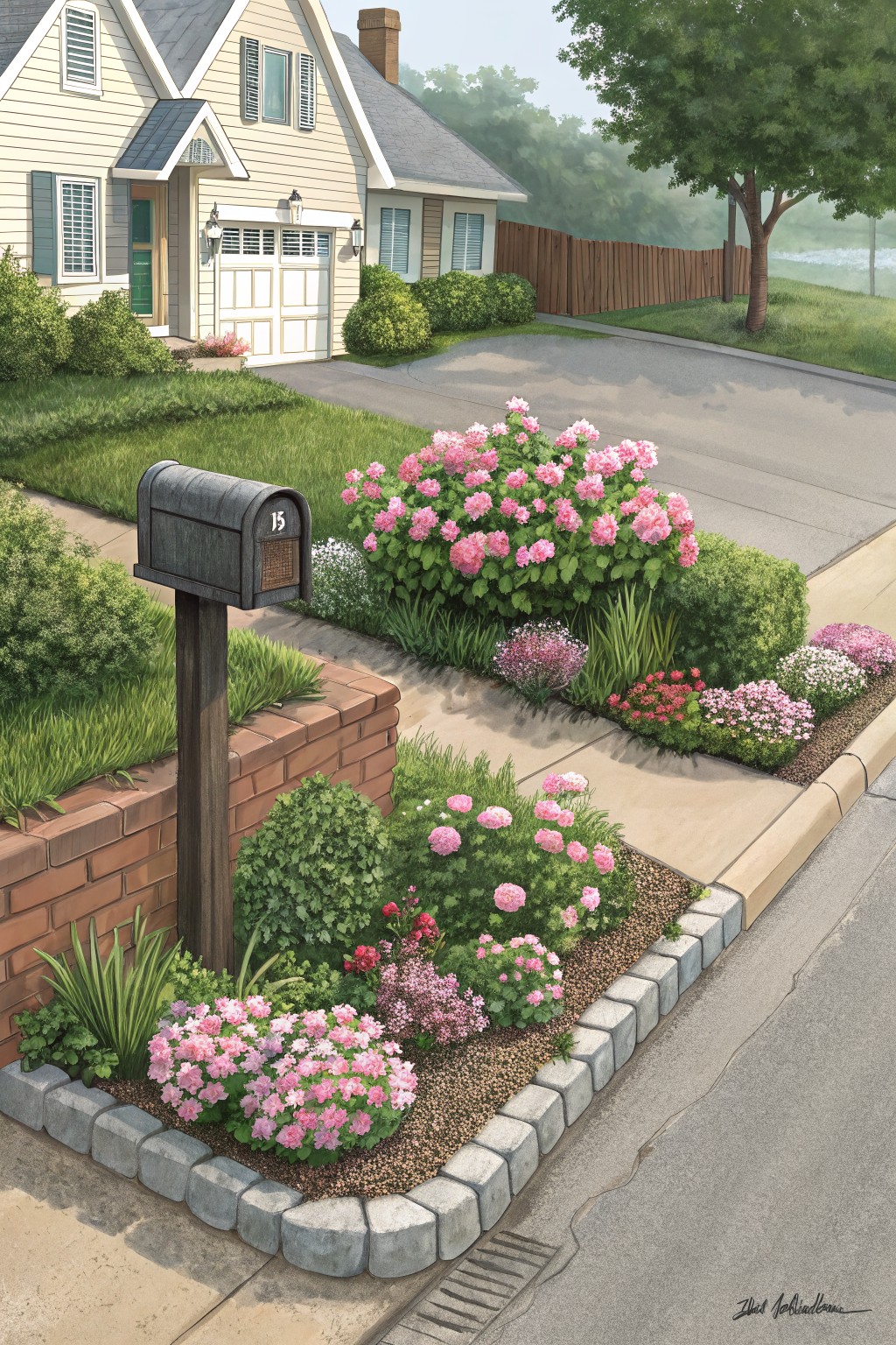Watercolor painting of a beige house with white garage door and front yard landscaped with pink hydrangeas and peonies in curved brick and stone-edged beds along the driveway and sidewalk, black mailbox numbered 15 on wooden post.