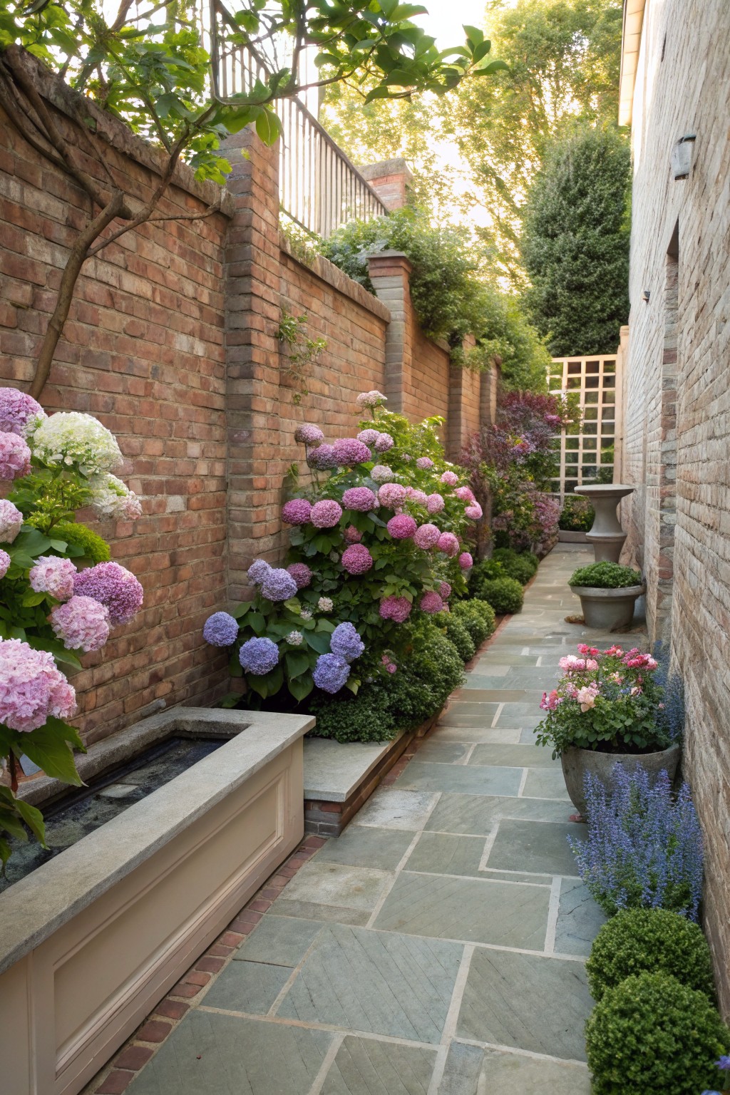 Narrow stone-paved garden path between tall brick walls, densely planted with large pink and blue hydrangea bushes, perennials, potted plants, and a rectangular water feature.