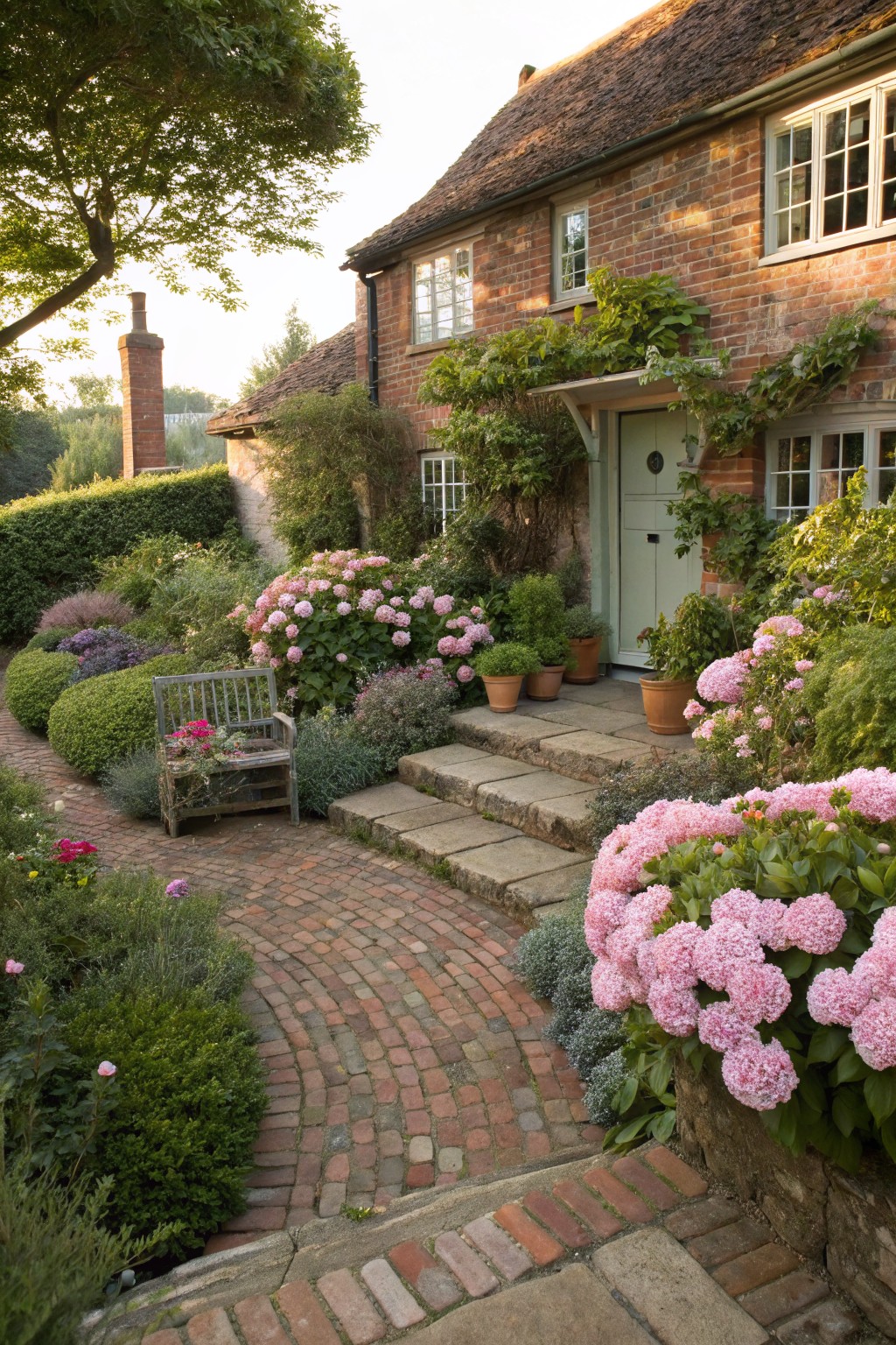 A winding brick path edged with large pink hydrangea blooms leads to the green front door of a brick cottage house, with shrubs, a wooden bench, and stone steps nearby.