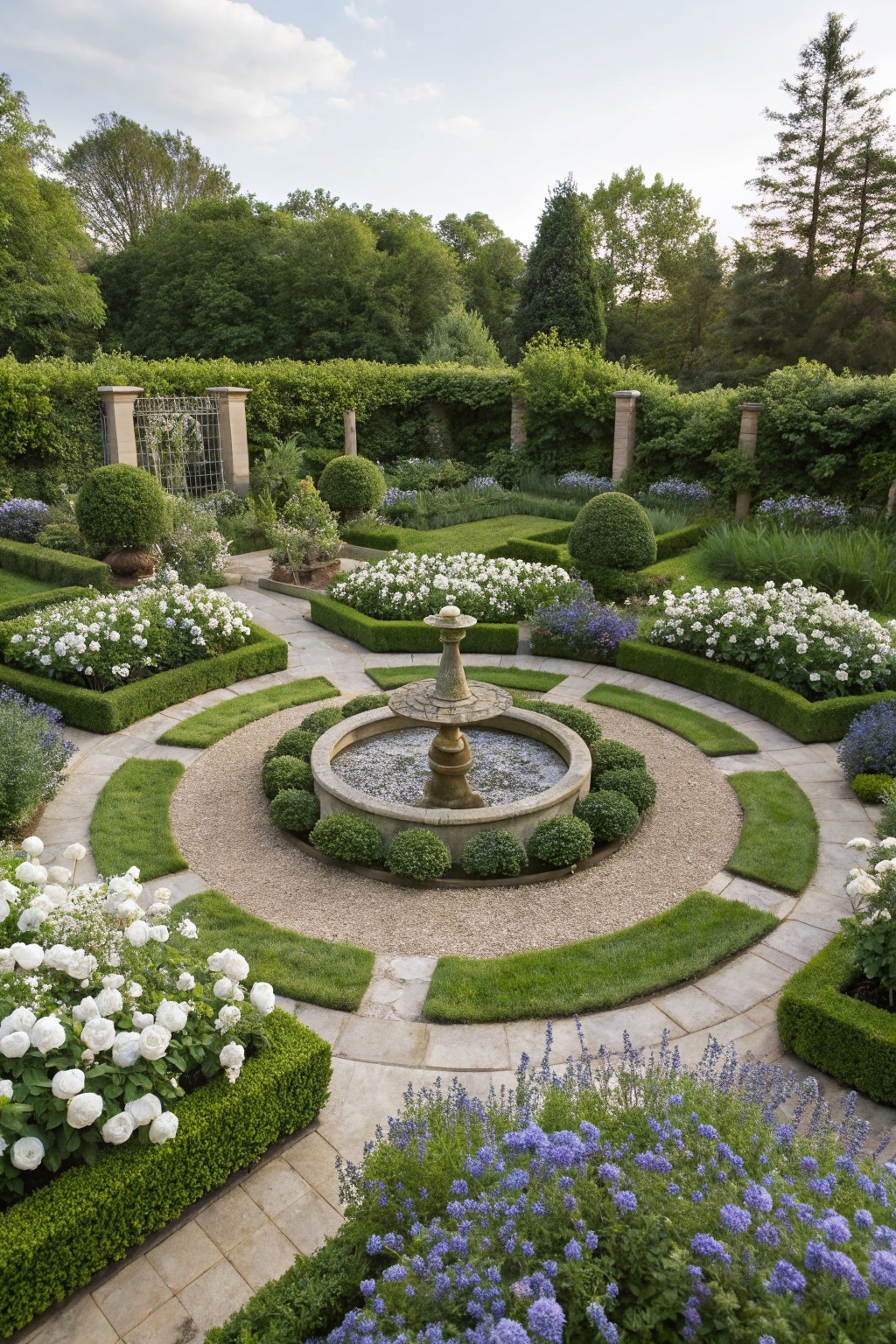 Overhead view of a formal circular garden with a central stone fountain, surrounded by boxwood hedges, white flower beds, lavender plantings, gravel paths, and stone paving, backed by trees and hedges.