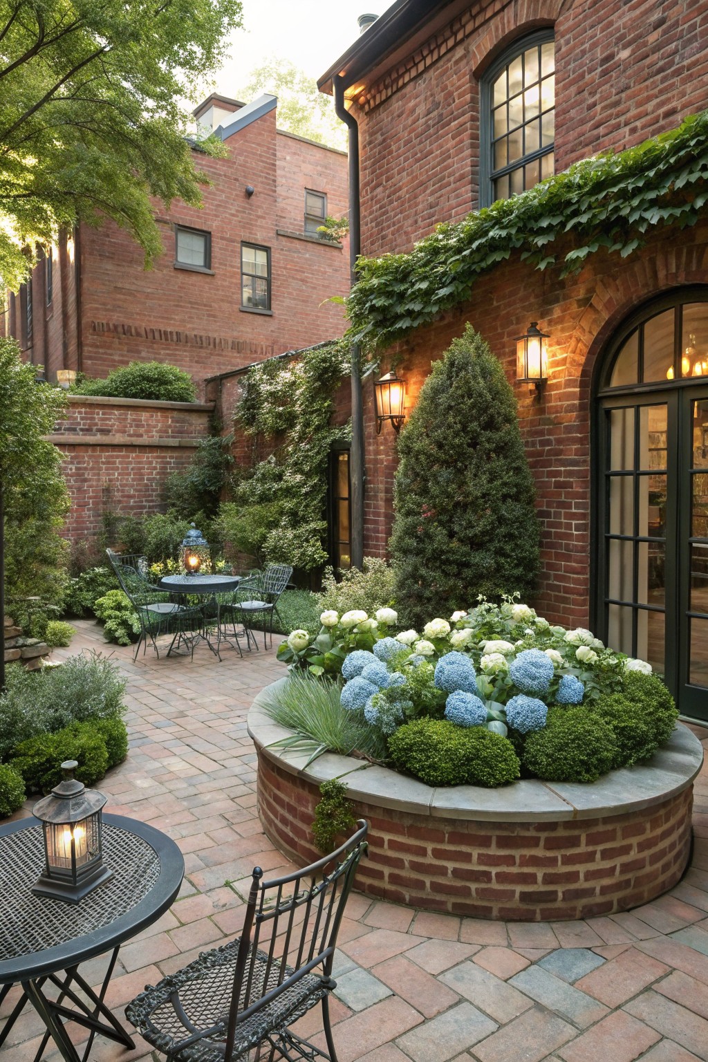 Brick-walled courtyard patio with central round raised brick planter overflowing with blue and white hydrangea blooms, flanked by two metal bistro table seating areas, lanterns, small trees, and ivy-covered walls.