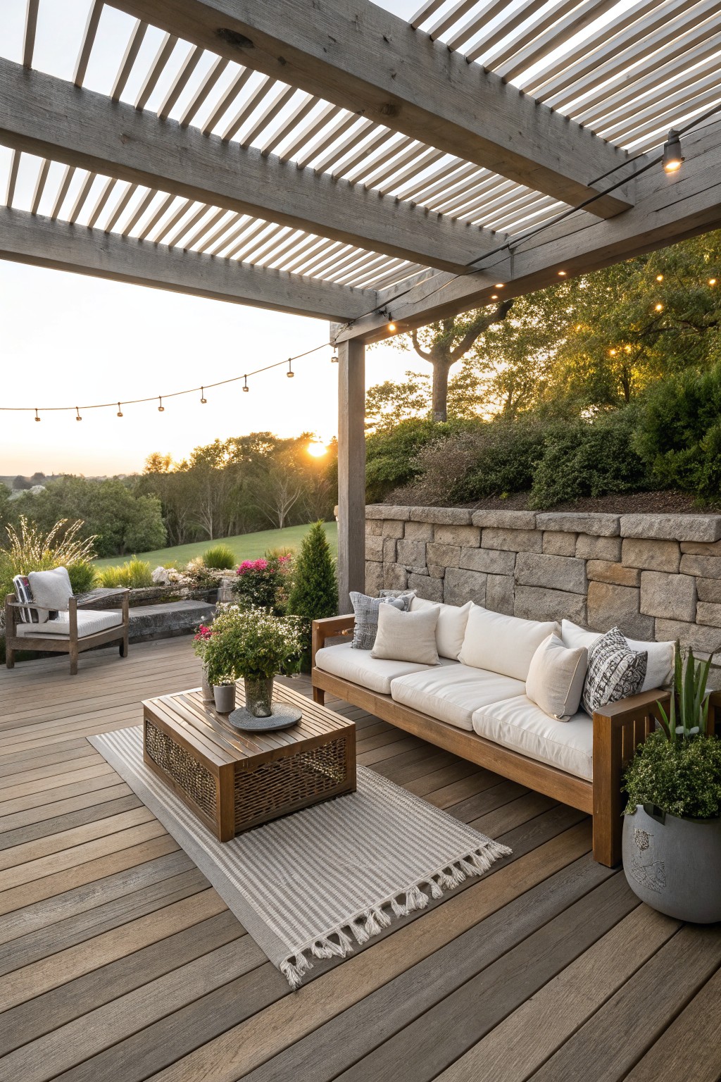 Wooden deck with white outdoor sofa, armchair, and rattan coffee table under slatted wooden pergola strung with lights, next to stone retaining wall and garden plantings at sunset.