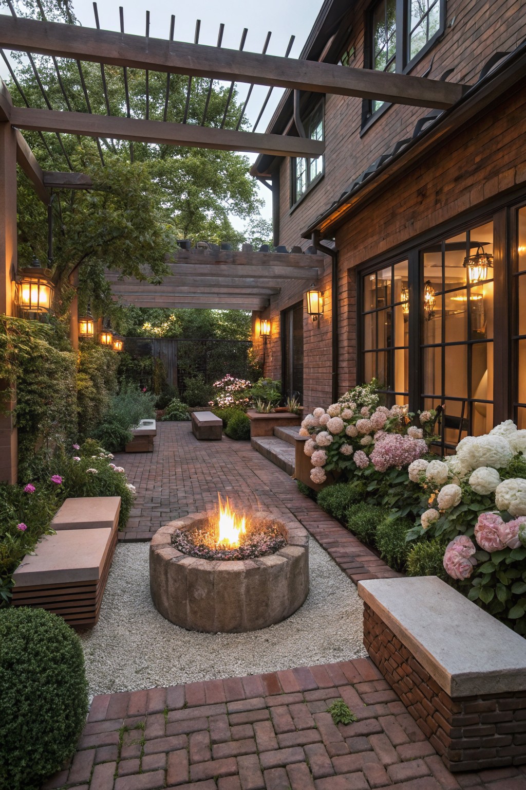Narrow brick pathway through a garden with central circular stone fire pit, surrounding low concrete benches on gravel, bordered by pink and white hydrangea shrubs, wooden pergola overhead, hanging lanterns, and brick house exterior with large windows.