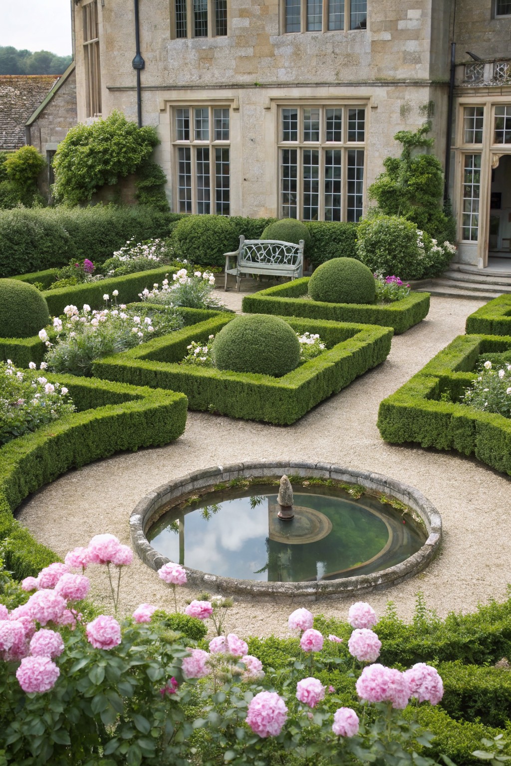 Formal parterre garden with geometric boxwood hedges, pink peony flowers, gravel paths around a central stone fountain, and a stone manor house in the background.