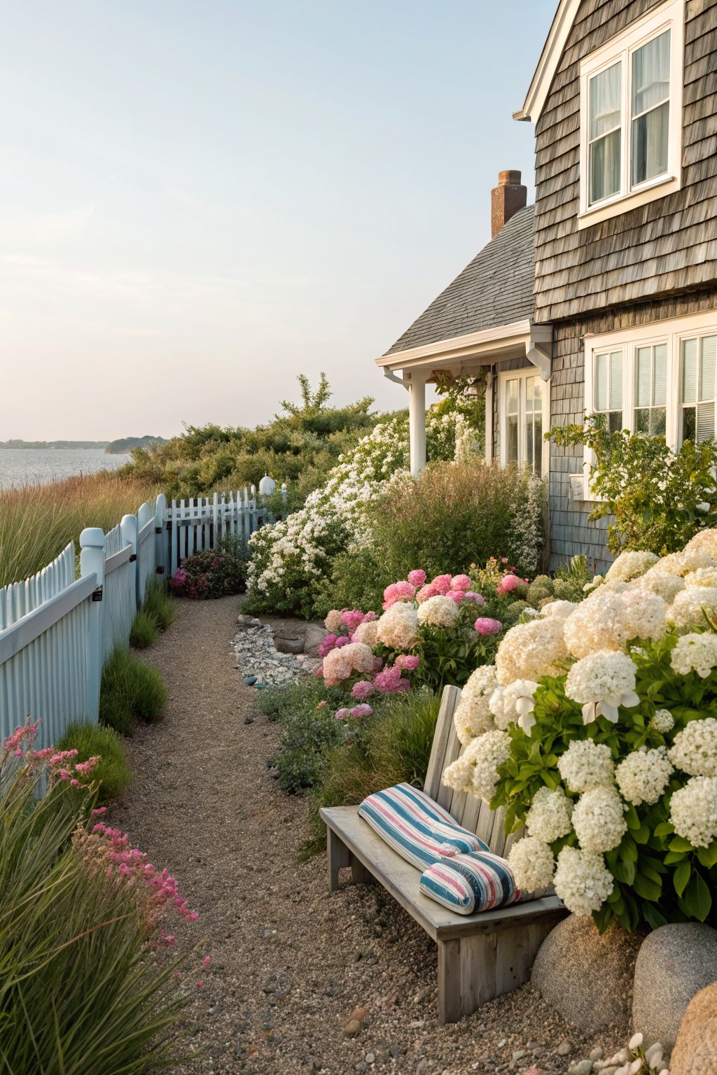 Garden Path Lined with Hydrangeas