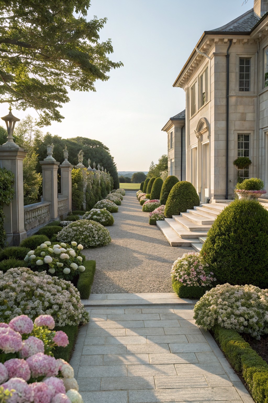 Gravel pathway lined with spherical boxwood shrubs and blooming pink and white hydrangeas leading to stone steps at the entrance of a light stone mansion with formal garden walls and trees.
