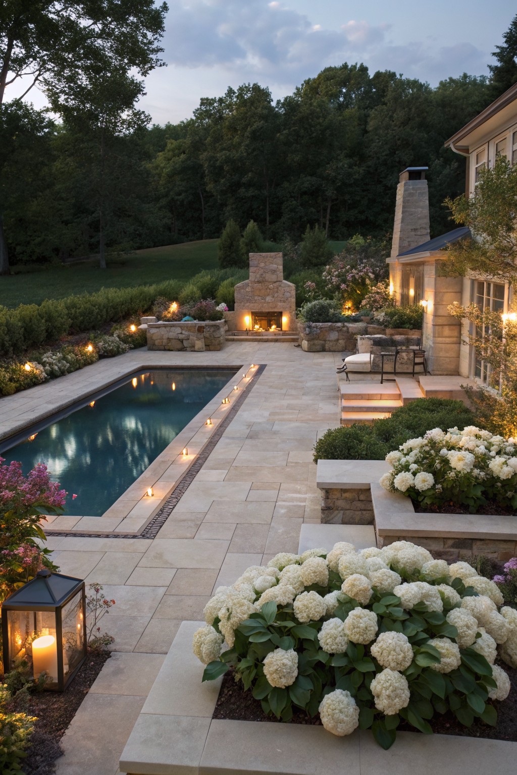 Rectangular in-ground pool with dark water at dusk, surrounded by light beige travertine pavers and lined with small candles, raised stone planters filled with large white hydrangea bushes, a stone fire pit opposite the pool, outdoor seating nearby, and a house with windows in the background.