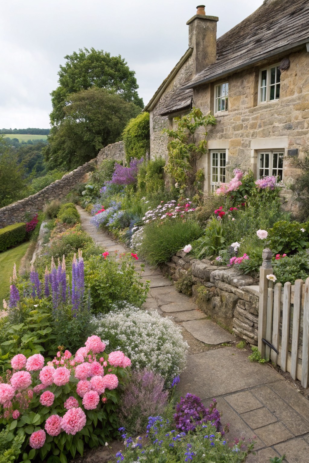 A winding stone path through lush garden beds filled with pink peonies, hydrangeas, delphiniums, and other flowers leading to a stone cottage with ivy-covered walls.