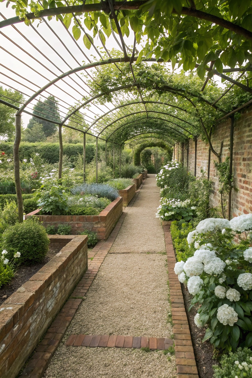 Gravel pathway flanked by raised rectangular brick garden beds containing various plants and shrubs including clusters of white hydrangea blooms, under a vine-covered arched metal arbor beside a brick wall.