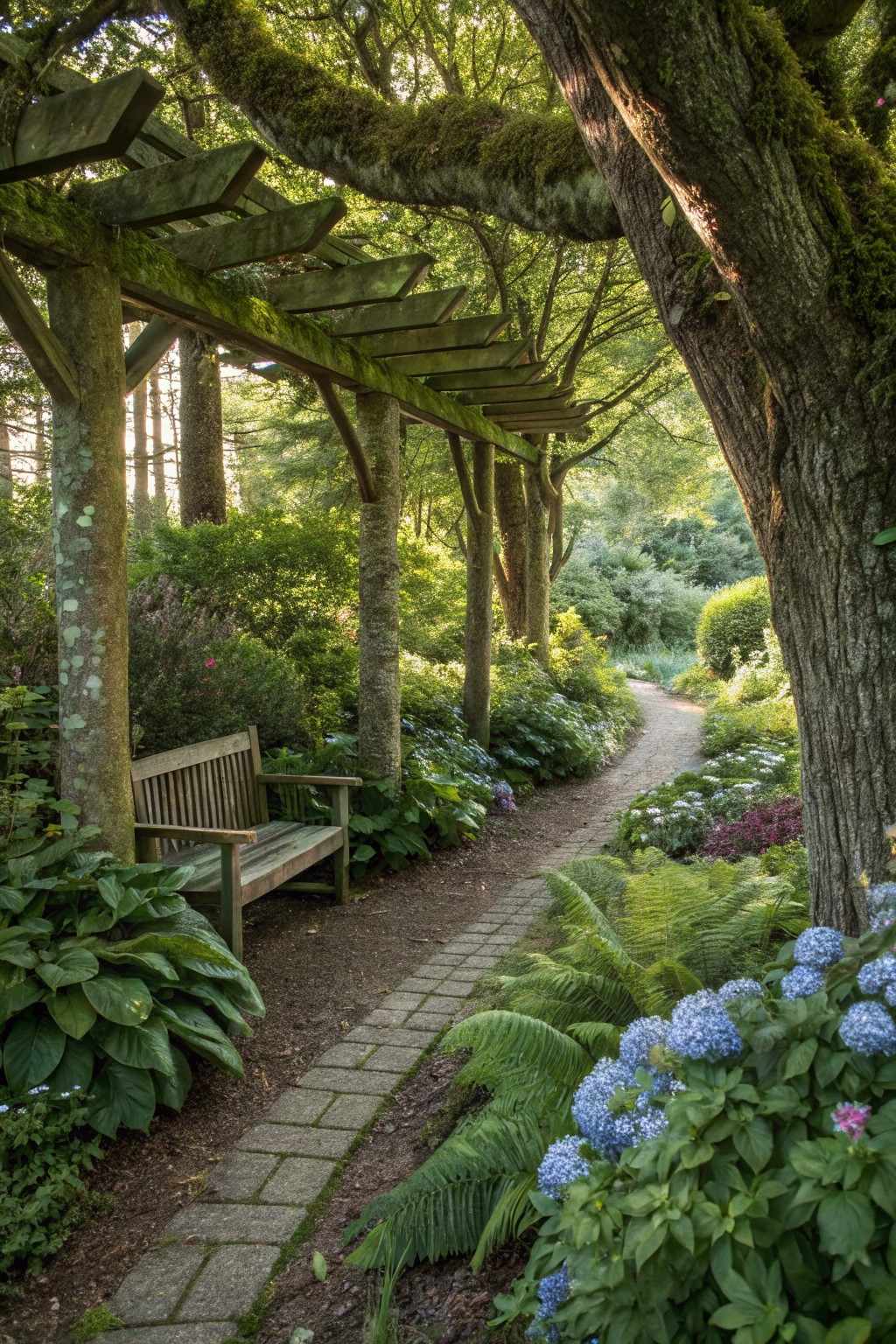 Moss-covered wooden pergola arches over a brick garden path lined with ferns, hostas, and blue hydrangea blooms, with a wooden bench positioned beside the path in a lush woodland garden.