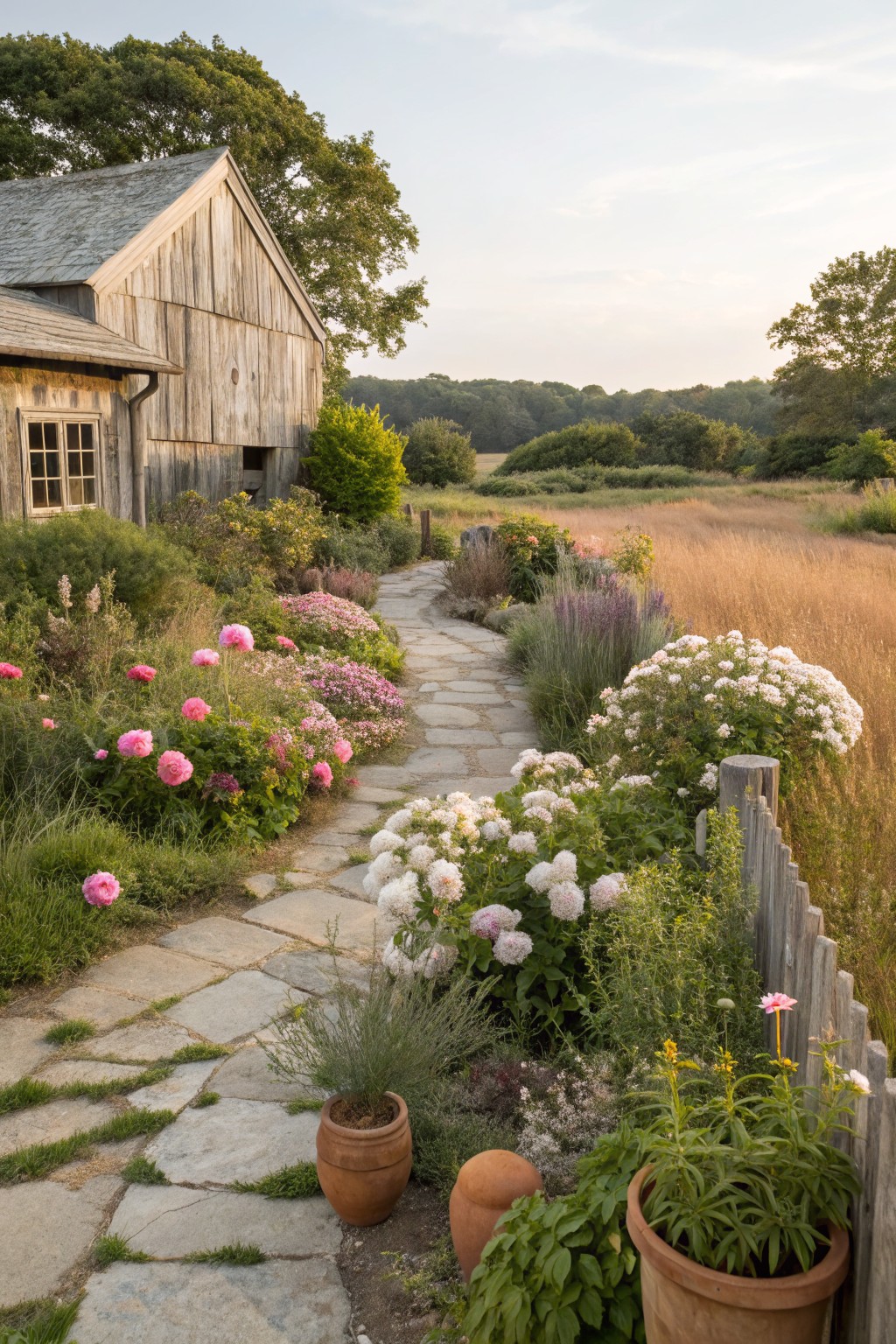 Winding flagstone path through garden beds filled with pink peonies, white hydrangeas, ornamental grasses, and shrubs beside a rustic wooden barn and fence, with fields and trees in the background.