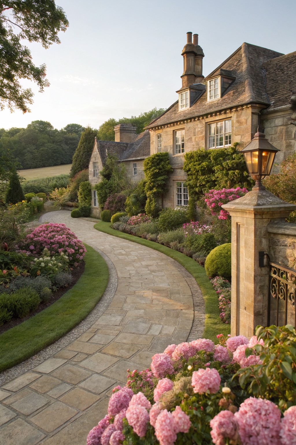 Stone manor house with ivy-covered walls and multiple chimneys, approached by a curving flagstone pathway edged in pink hydrangea and peony flower beds amid formal landscaping.