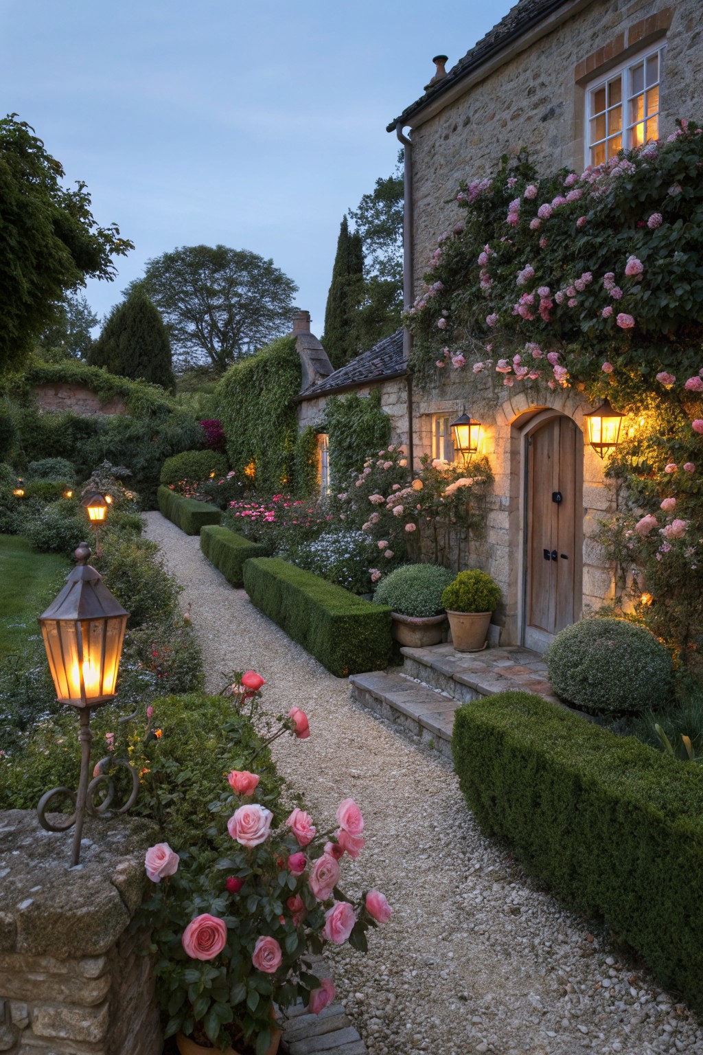Stone cottage exterior with arched wooden door and pink climbing roses, fronted by gravel path edged in boxwood hedges and lit by lanterns at dusk.
