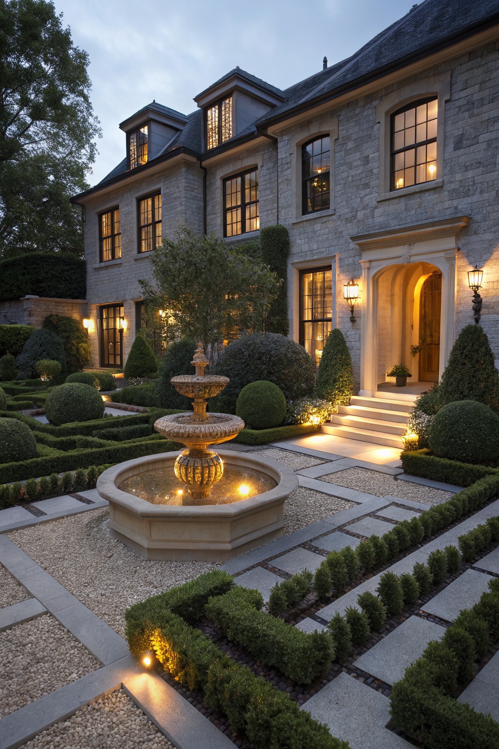 Twilight view of a large stone house exterior with formal geometric boxwood hedges, central tiered fountain with underwater lights, gravel paths, paver walkways, and landscape uplights around the entry.