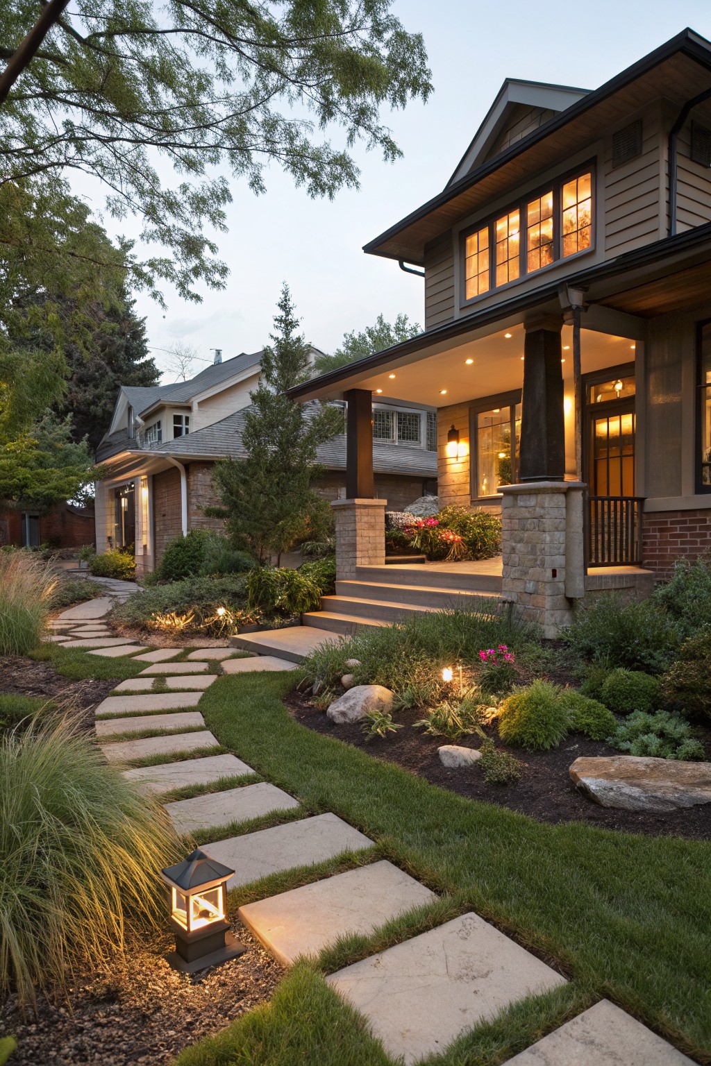 Evening view of a two-story house with beige siding, stone accents, and covered front porch approached by a curving flagstone pathway through a landscaped yard featuring ornamental grasses, perennials, boulders, and illuminated by path lanterns and plant uplights.