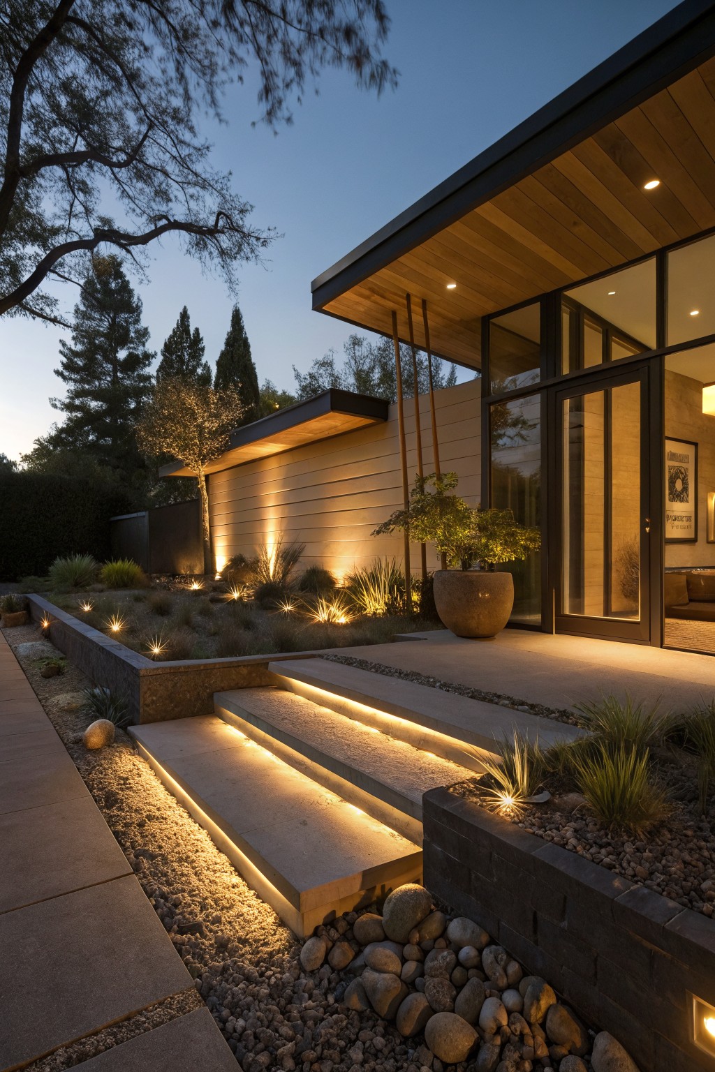 Modern house front at dusk with concrete steps illuminated by LED strips underneath, gravel garden beds with ground-level lights, plants, and glass entry doors.