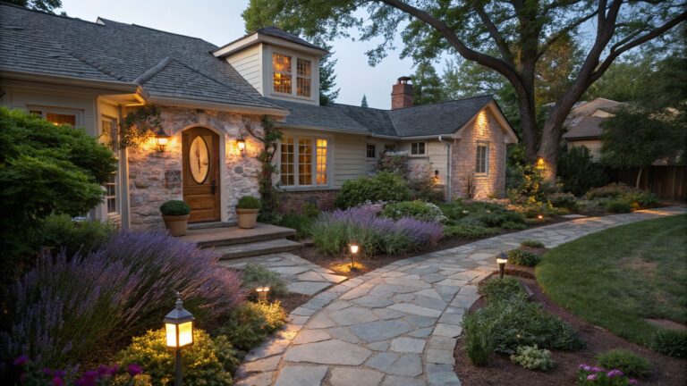 Dusk view of a curving flagstone walkway through a front yard garden bed with pink flowers, lavender plants, shrubs, uplights, lanterns, and path lights leading to an arched wooden door on a brick and stone house.