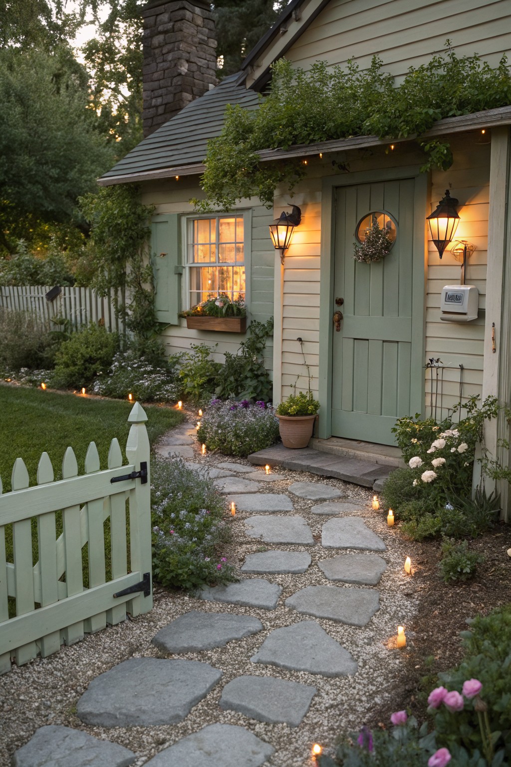 Sage green cottage house with dark green front door, white picket fence, stone pathway lined with candles, garden beds with flowers and plants, and lanterns by the entry at evening.