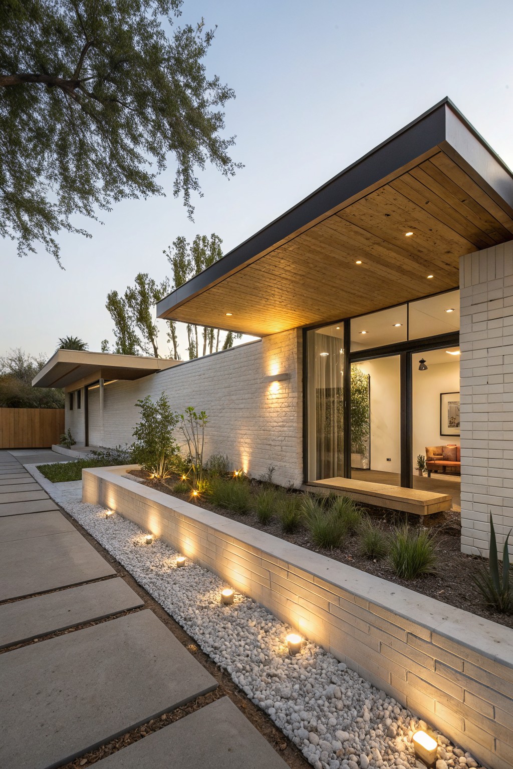 Contemporary white brick house exterior at dusk with a wooden cantilevered overhang, large glass entry doors, concrete paver pathway edged by gravel and uplights, and low white brick planter walls with ornamental grasses.