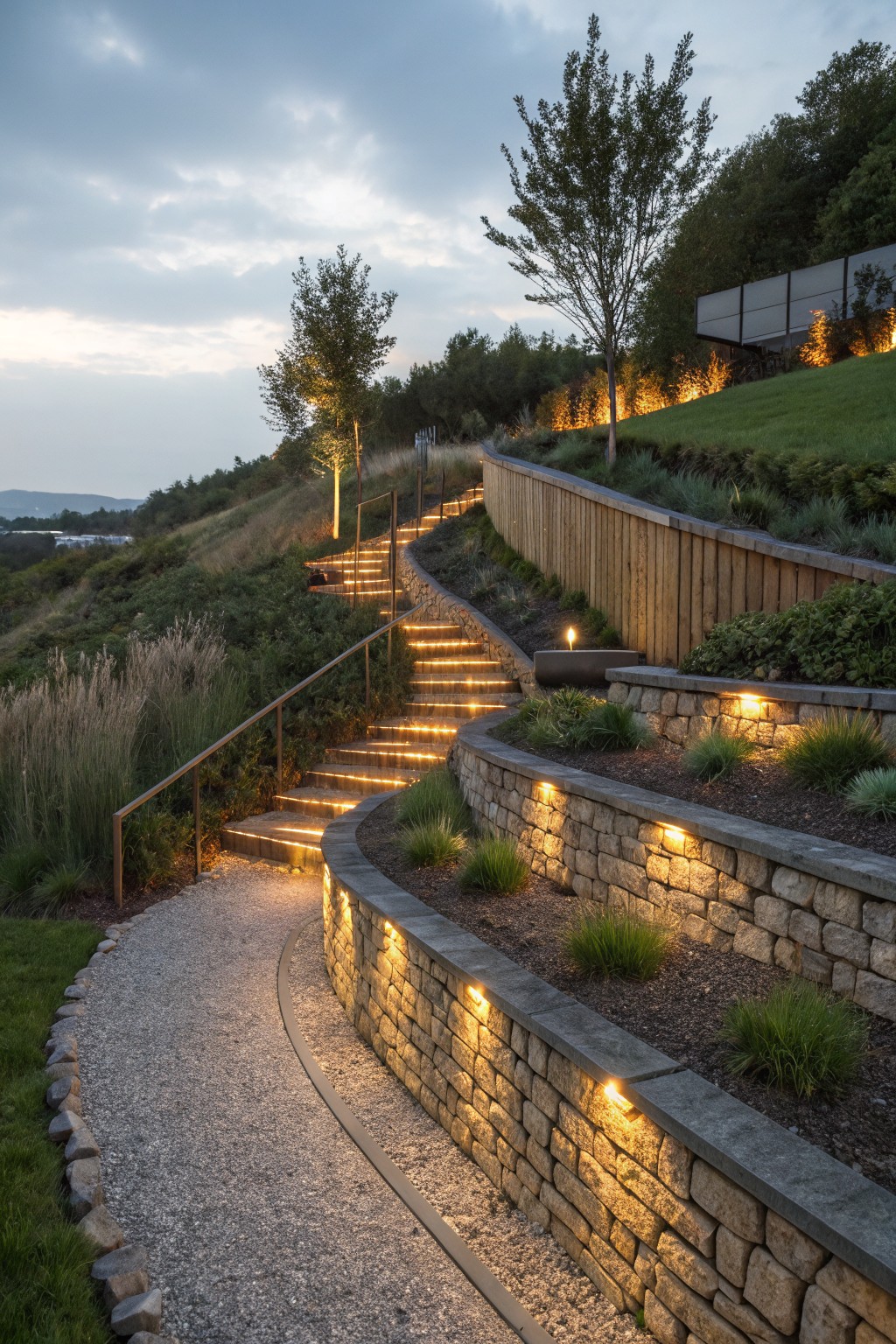 Winding stone steps with underlighting on terraced walls along a grassy hillside garden with plants, trees, and a gravel path at dusk.