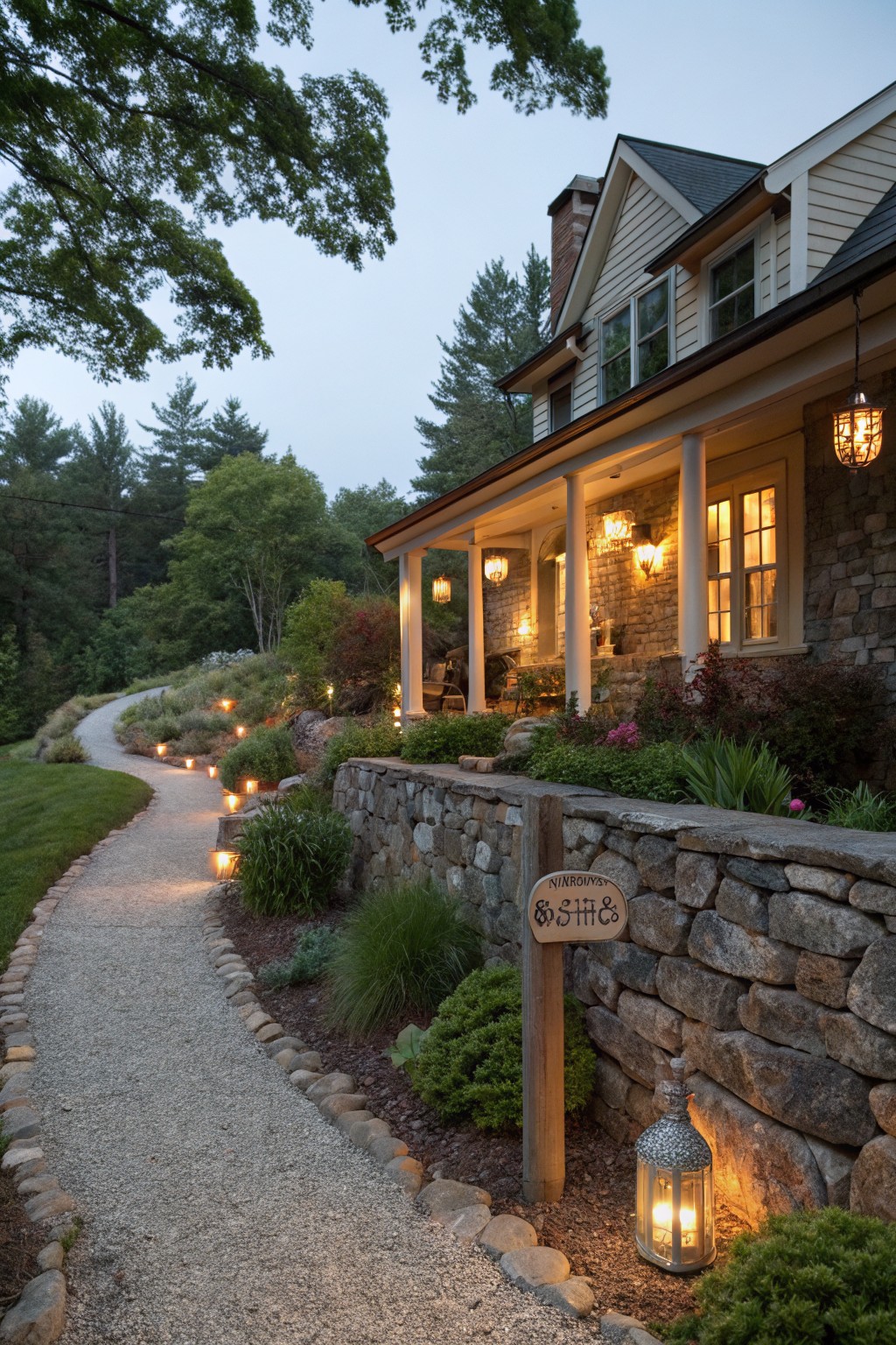 Dusk view of a shingle-style house with wraparound porch and stone foundation, featuring a curving gravel pathway lined with glowing lanterns through landscaped beds and bordered by a stone wall with a wooden welcome sign.