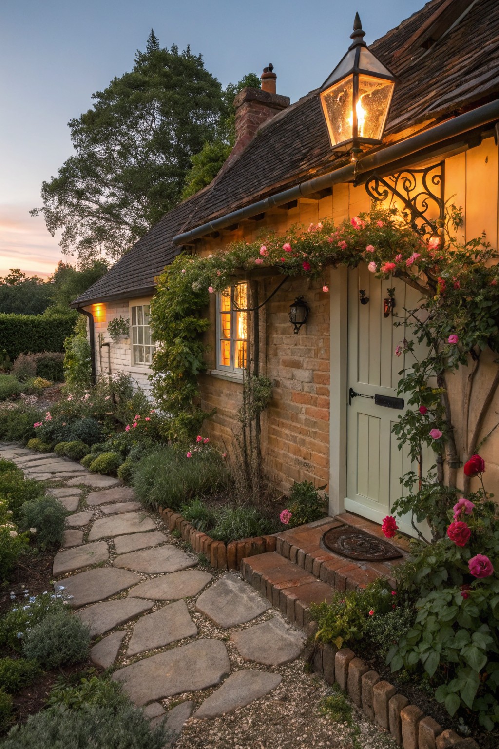Brick cottage with light green front door framed by climbing pink roses and ivy, stone slab pathway through garden beds and shrubs, wall sconce and post lantern illuminated at dusk.