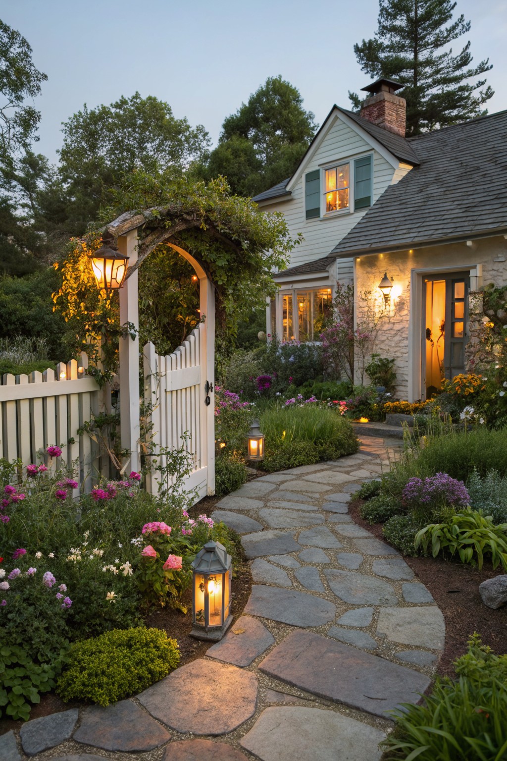 White picket gate arched with vines and lantern opens to a curved gray flagstone path winding through dense colorful flower beds and shrubs, with additional lanterns along the path, leading toward a shingled house entrance lit at dusk.