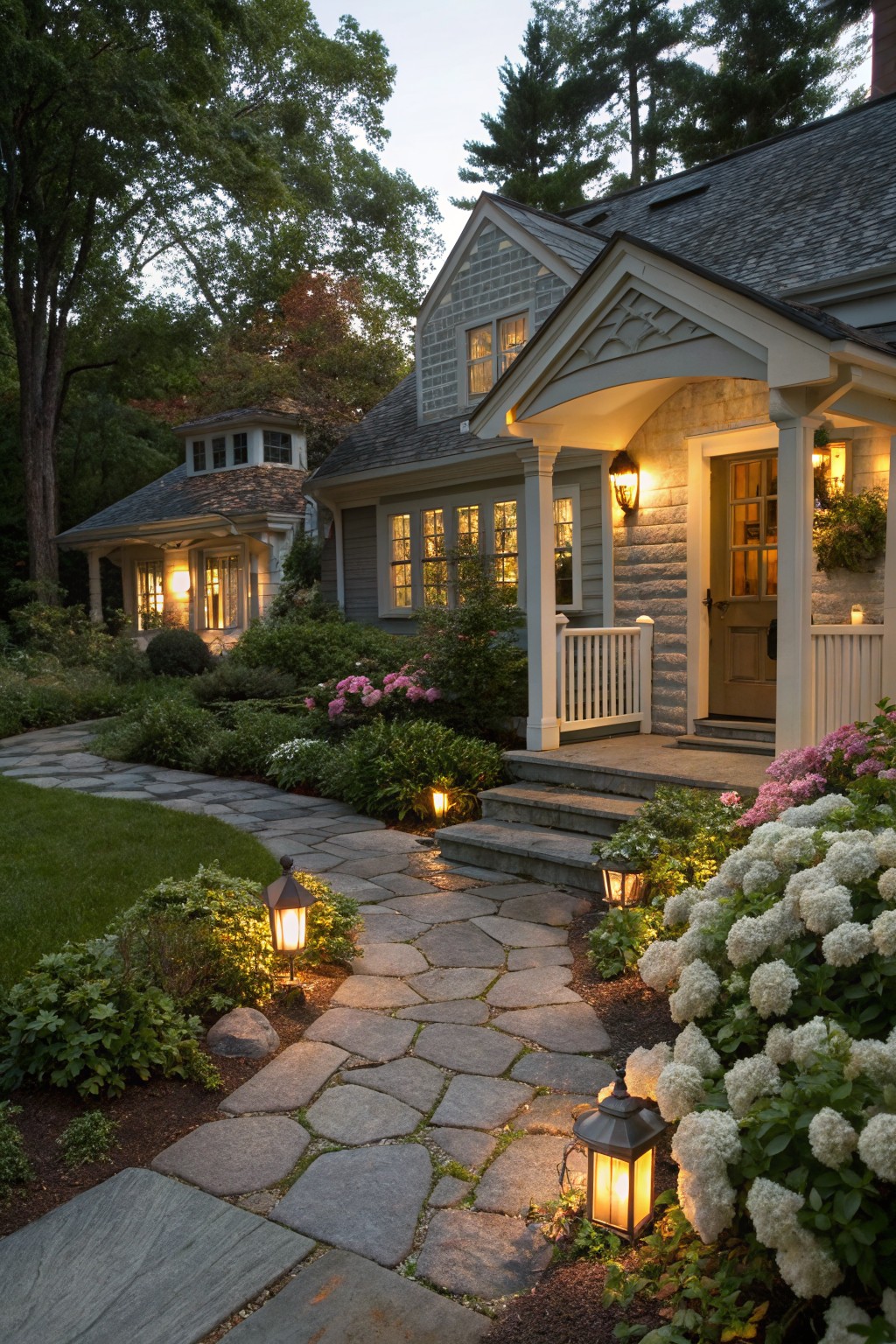 Curving flagstone pathway lined with glowing lanterns leading through a garden of shrubs and hydrangeas to the front porch of a shingled house at dusk.