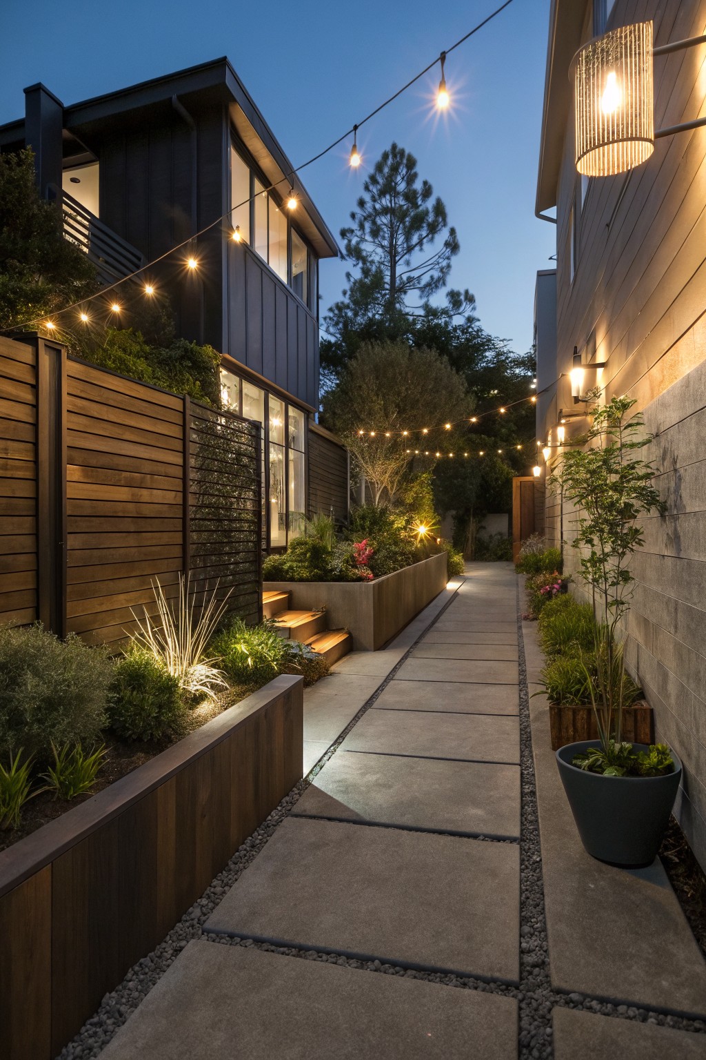 Narrow concrete paver pathway at dusk between wooden fences and buildings, lined with string lights overhead, raised wooden planters with plants, and uplighting on grasses and steps.
