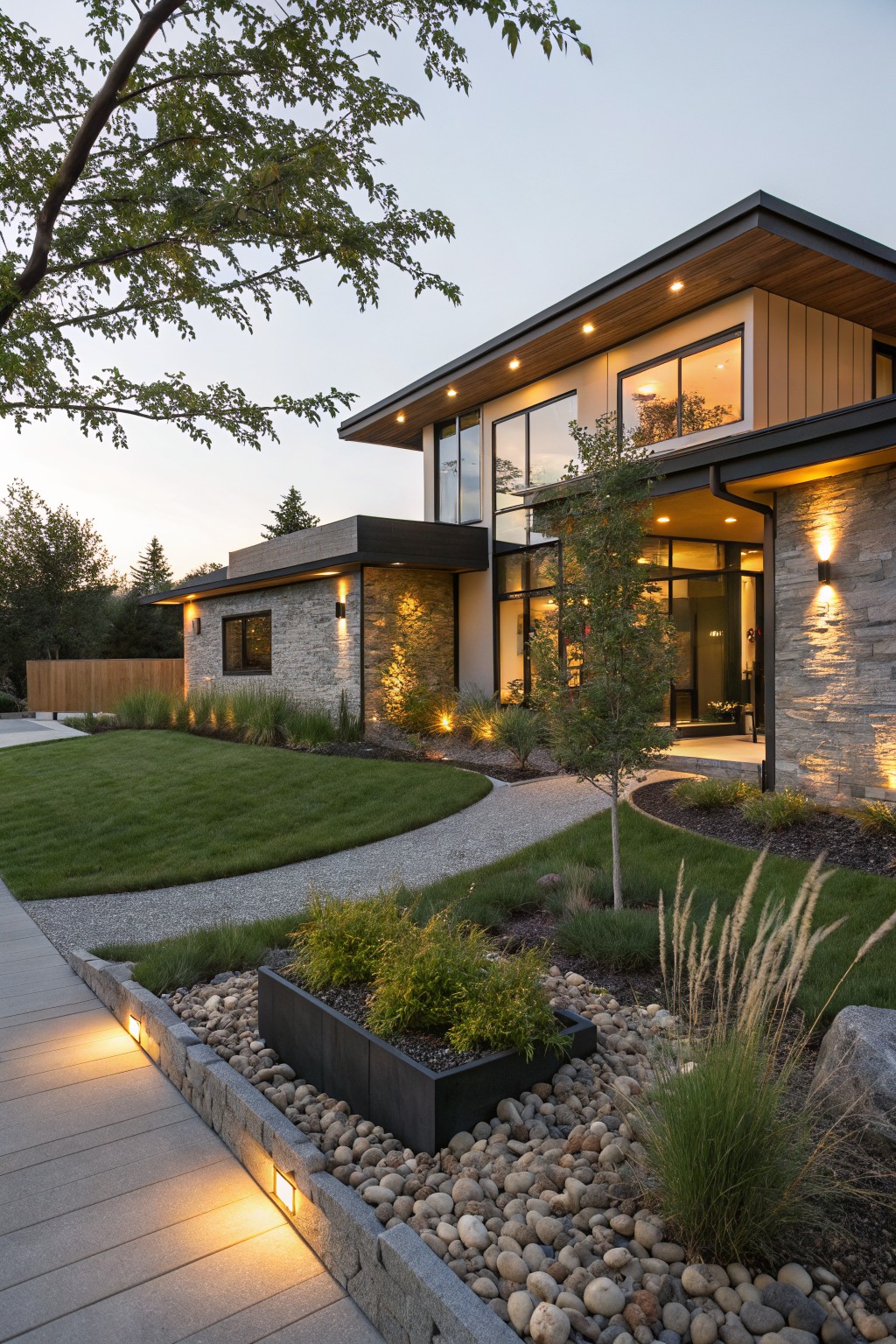 Modern wood and stone house exterior at dusk with curved gravel pathway lined by low path lights, grasses, shrubs, and rock features leading to the front entry.