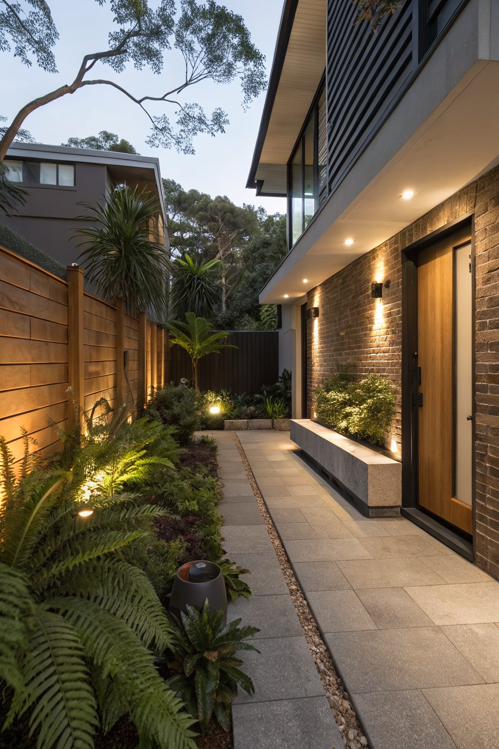 Narrow paved pathway bordered by ferns, palms, and other lush plants leading to a wooden door on a brick and timber house exterior, lit by ground-mounted lights at dusk with wooden fences on both sides.