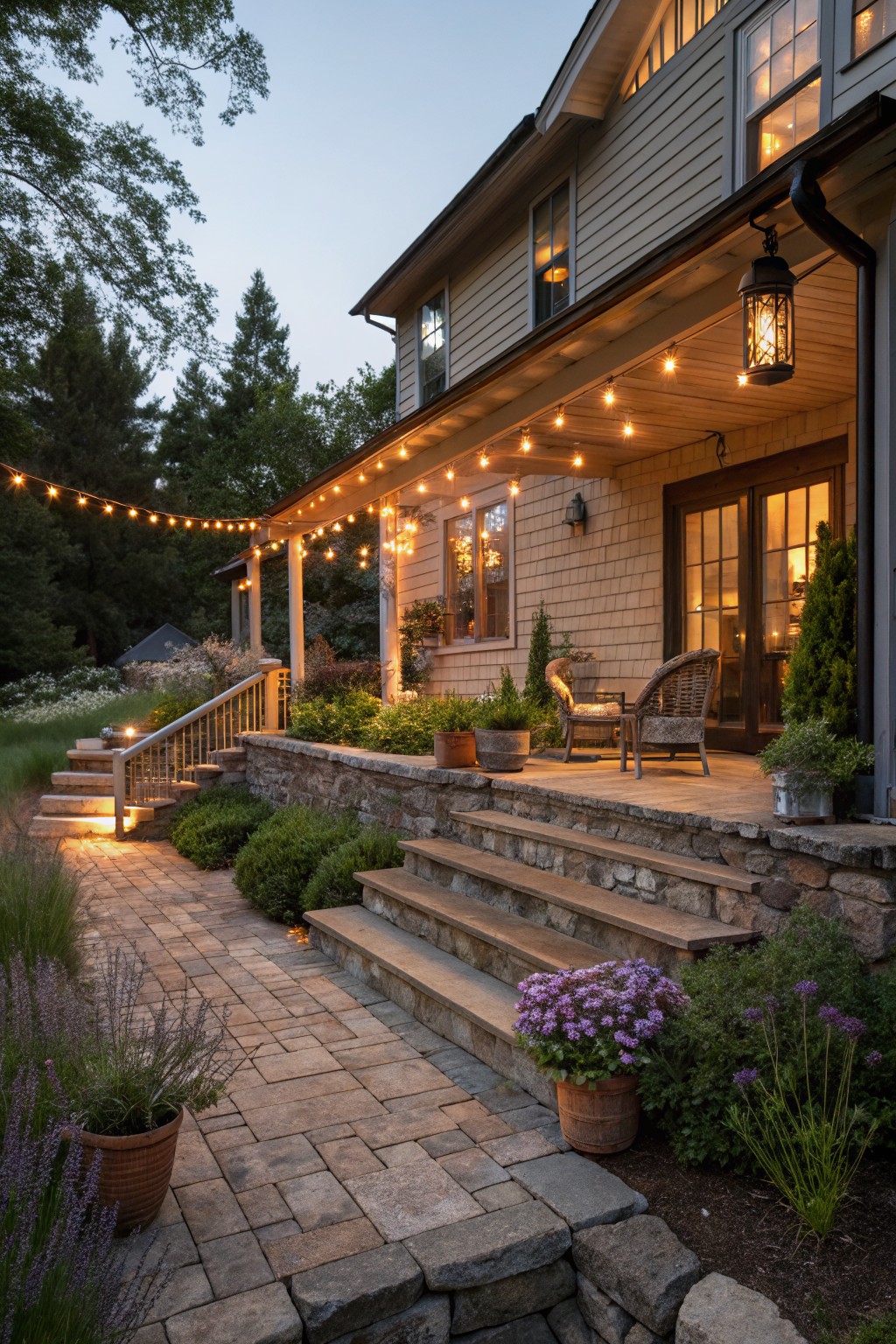 Dusk view of a shingle siding house with a covered porch featuring wicker chairs, string lights strung across the ceiling, stone steps descending to a brick paver path edged by lavender plants in terracotta pots, surrounded by low stone walls and greenery.