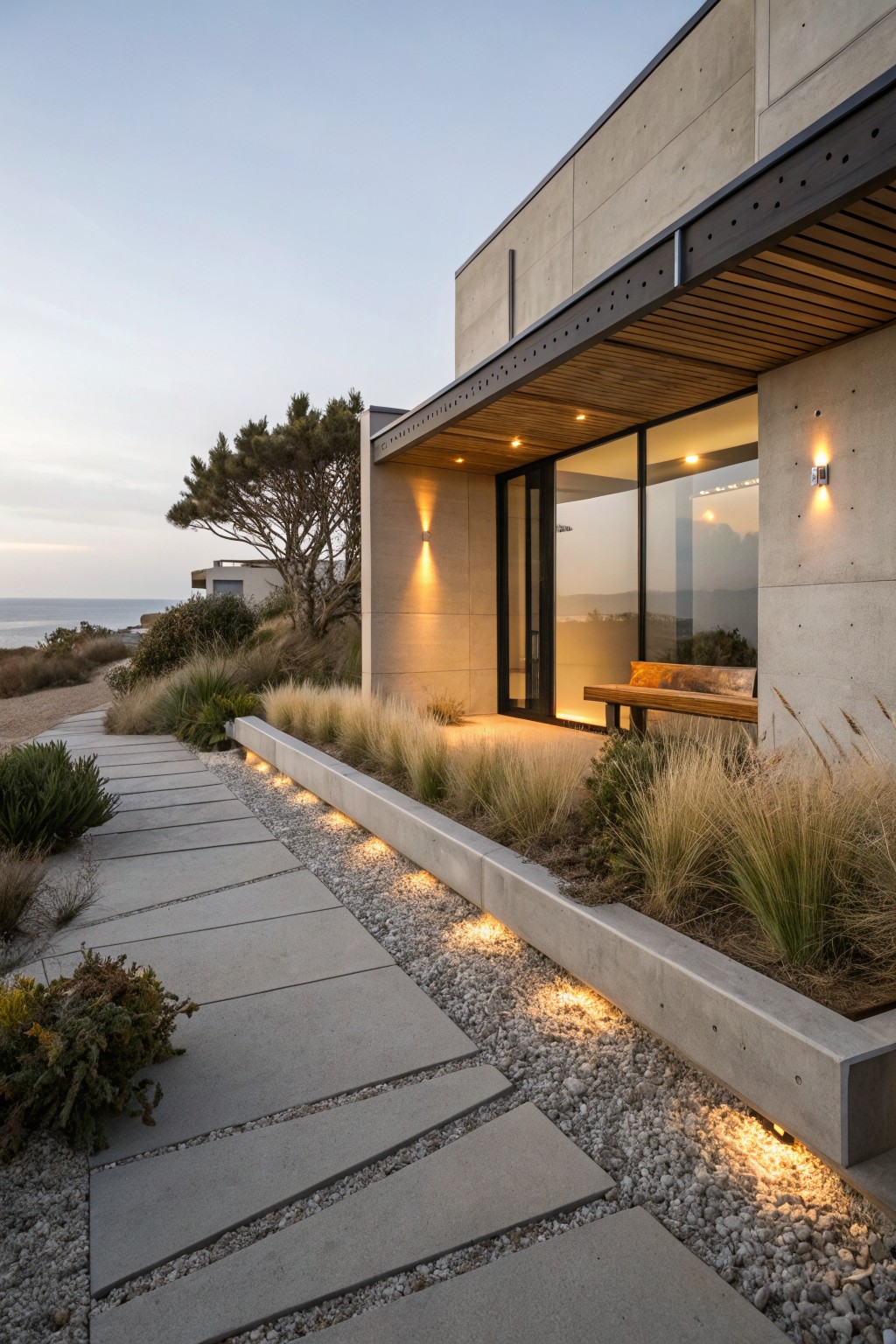 Contemporary concrete house exterior at dusk with a flagstone pathway edged by gravel and grasses in concrete beds, featuring recessed ground lights leading to a glass entry door and bench.