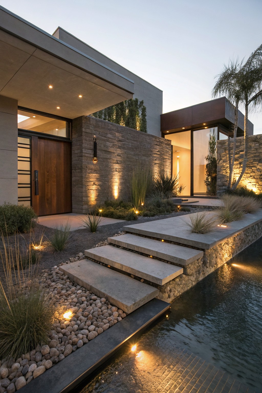 Contemporary house exterior at dusk showing a dark wood entry door flanked by stone walls, concrete steps descending to a pool edge, grasses and gravel landscaping, and multiple recessed lights illuminating the steps, plants, and ground.