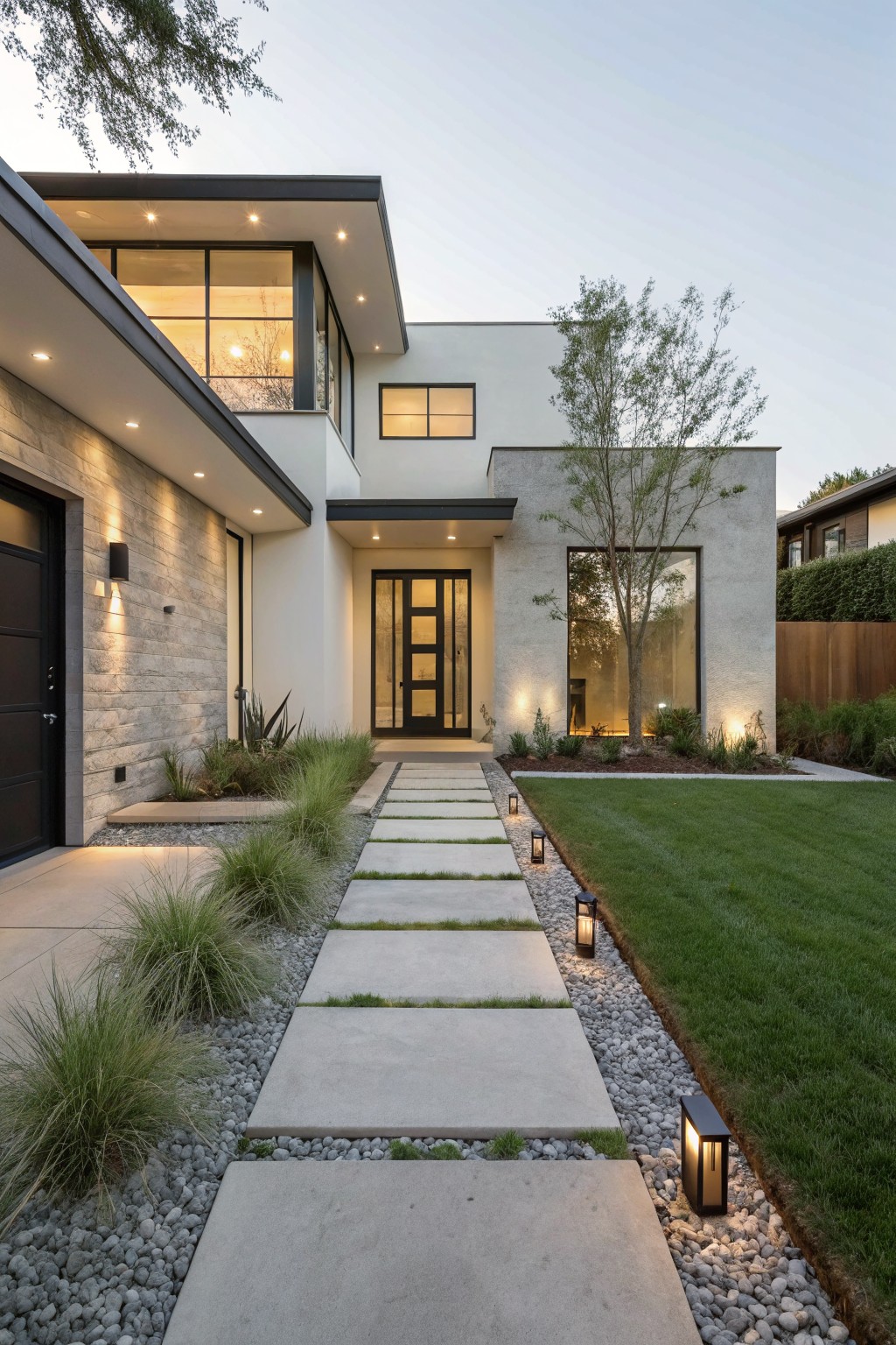 Modern house exterior at dusk featuring a pathway of large concrete stepping stones set in gravel and grasses leading to a glass-front door, with black lanterns along the edge and lawn nearby.