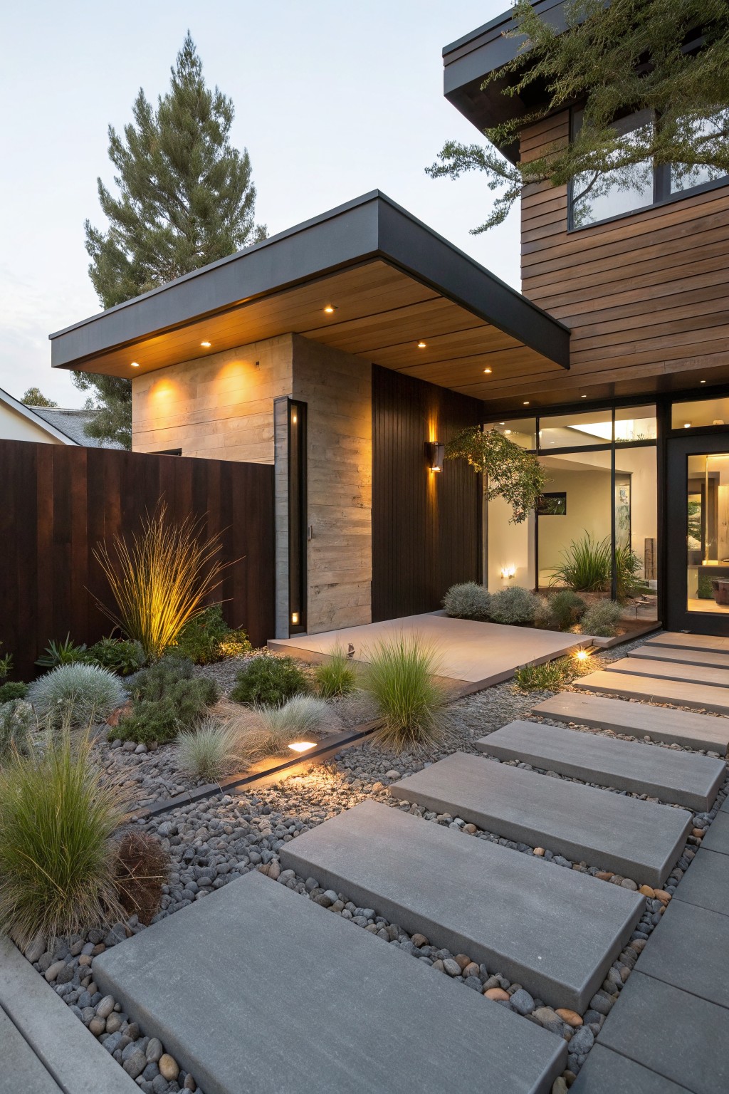 Modern house exterior at dusk with gray concrete stepping stones in a gravel front yard path edged by drought-tolerant grasses and plants, lit by ground uplights leading to a wood and glass entry door.