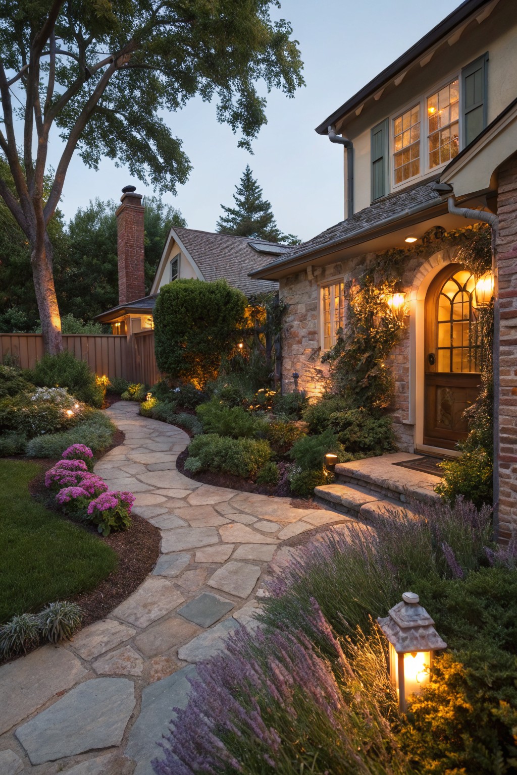 Dusk view of a curving flagstone walkway through a front yard garden bed with pink flowers, lavender plants, shrubs, uplights, lanterns, and path lights leading to an arched wooden door on a brick and stone house.