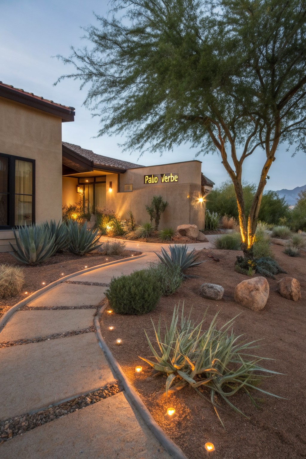 Curving stone pathway with recessed warm lights along the edge winds through desert plants, agaves, boulders, and gravel toward a stucco house entrance named Palo Verde at dusk.
