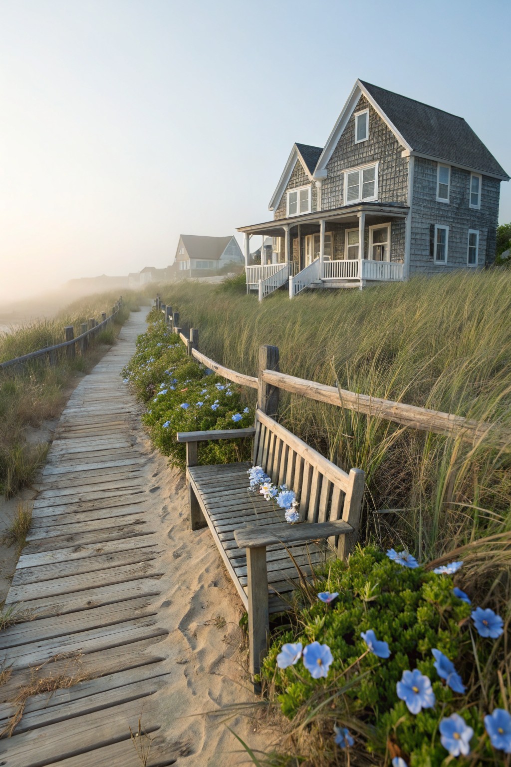 Wooden boardwalk path through sand dunes edged with wooden fences, sea grass, and blue-flowering shrubs including a bench with flowers nearby and shingled houses on the dune in the background.