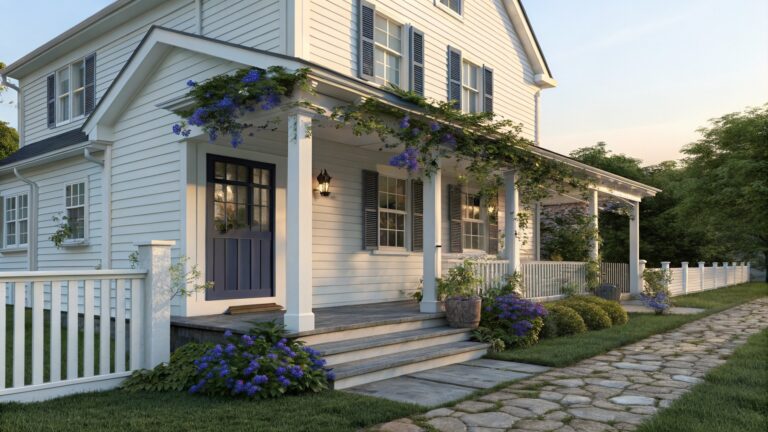 23 Magical Morning Glory Landscaping Ideas That Climb With Charm White clapboard house exterior featuring a dark blue front door under a porch with fluted columns and an archway covered in blooming blue morning glories, white picket fence, stone steps, and nearby hydrangea shrubs.