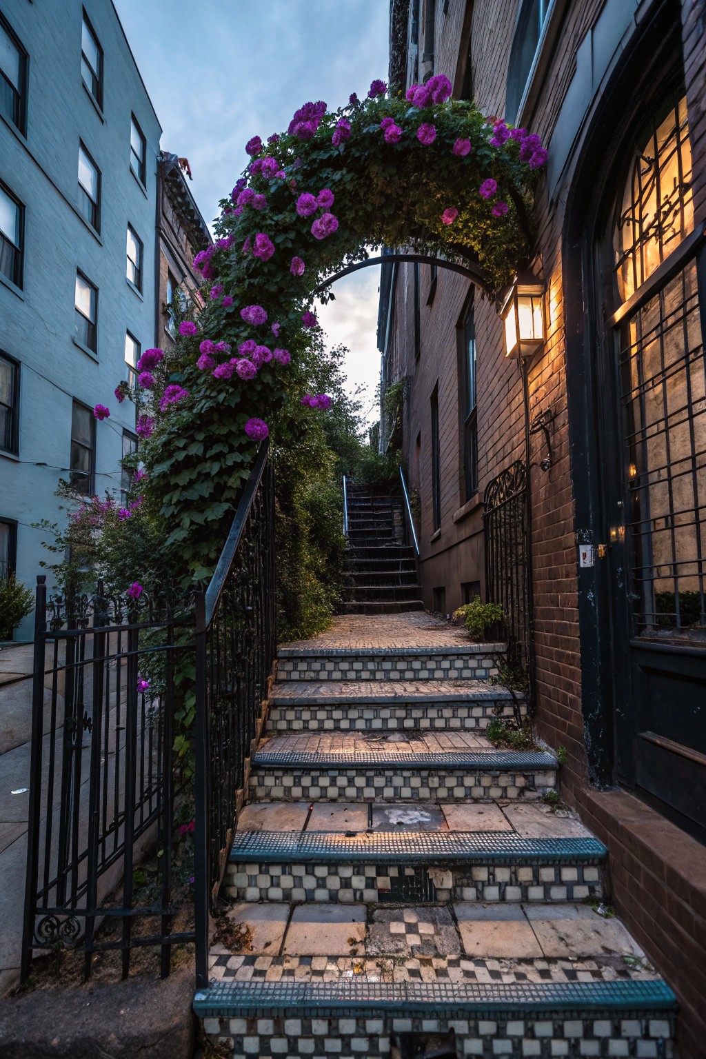 Wrought-iron gate and mosaic-tiled stairs between brick buildings at dusk, arched overhead with dense purple flowering vines and a lit lantern by the door.