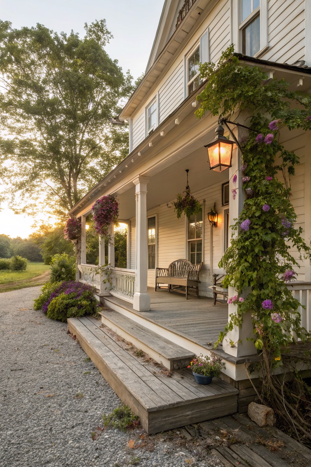 White clapboard house with wraparound porch featuring purple-flowered climbing vines on columns, hanging flower baskets, lanterns, wooden benches and steps, gravel driveway, shrubs, and trees in evening light.