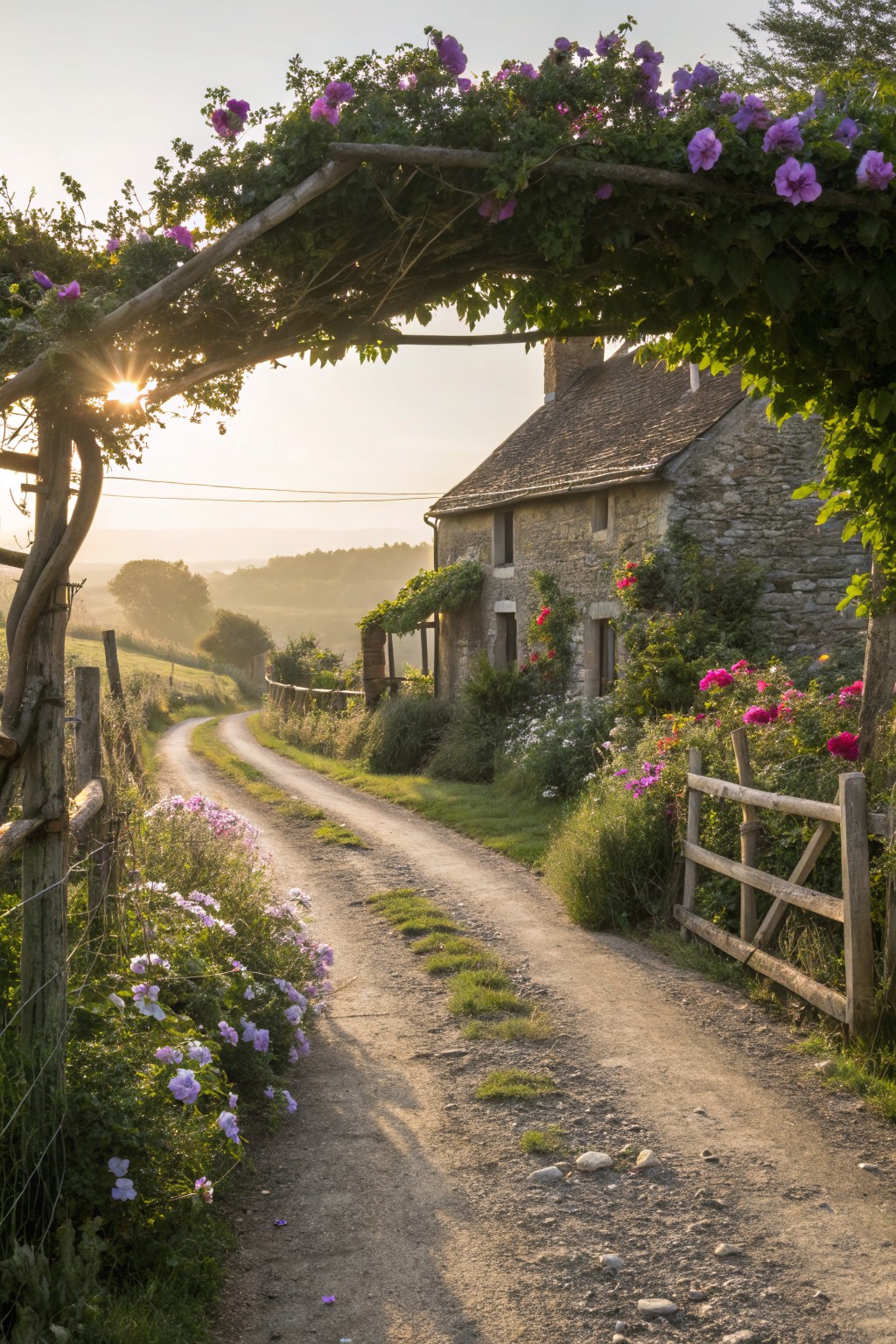 Wooden archway covered in purple flowering vines spans over a gravel garden path lined with wildflowers, leading to a stone cottage with surrounding gardens and distant fields in morning light.