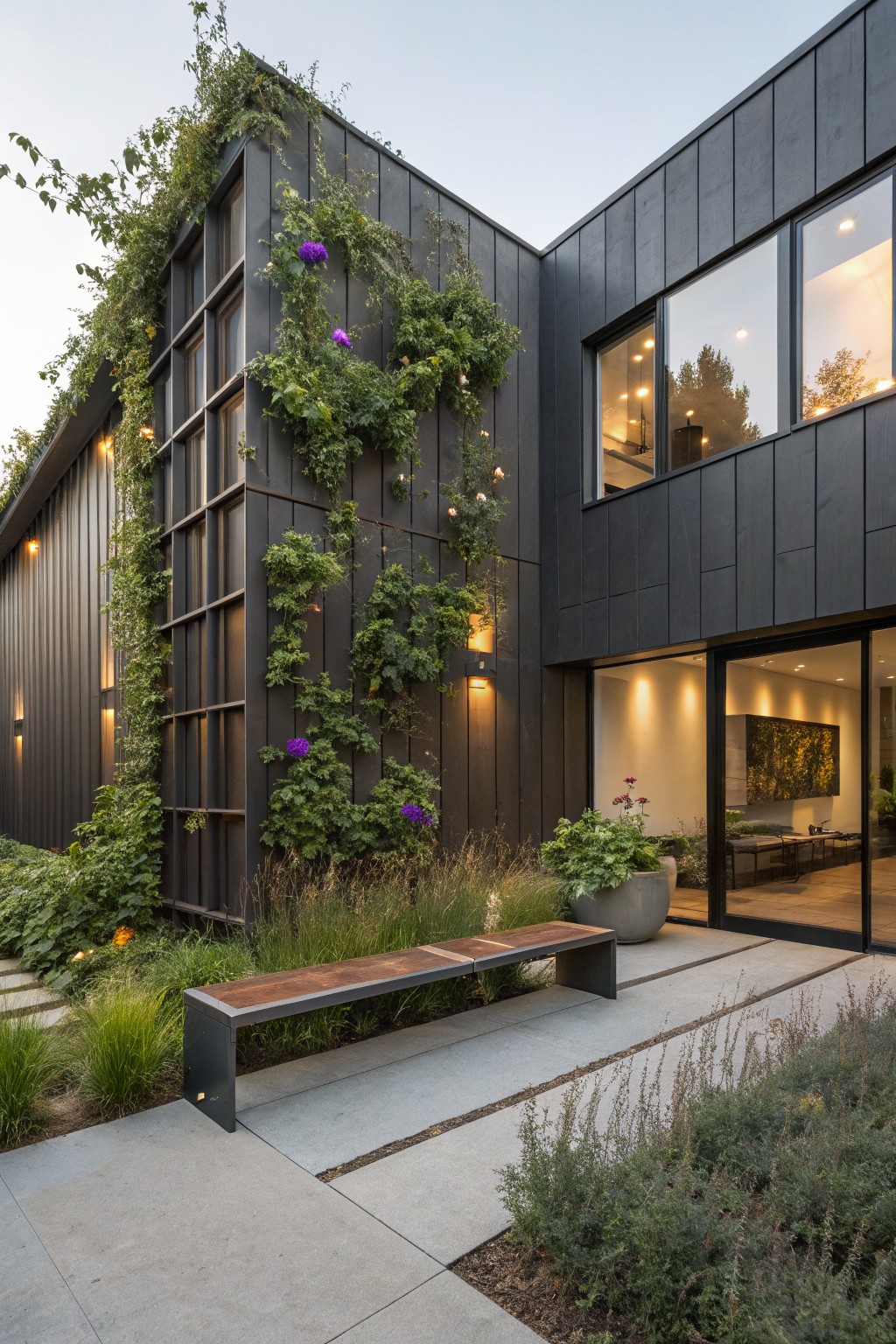 Modern house corner with black metal siding and vertical grid trellis covered in green climbing vines and purple flowers, adjacent to glass entry doors, a wooden bench, concrete pathway, and landscaped grasses.