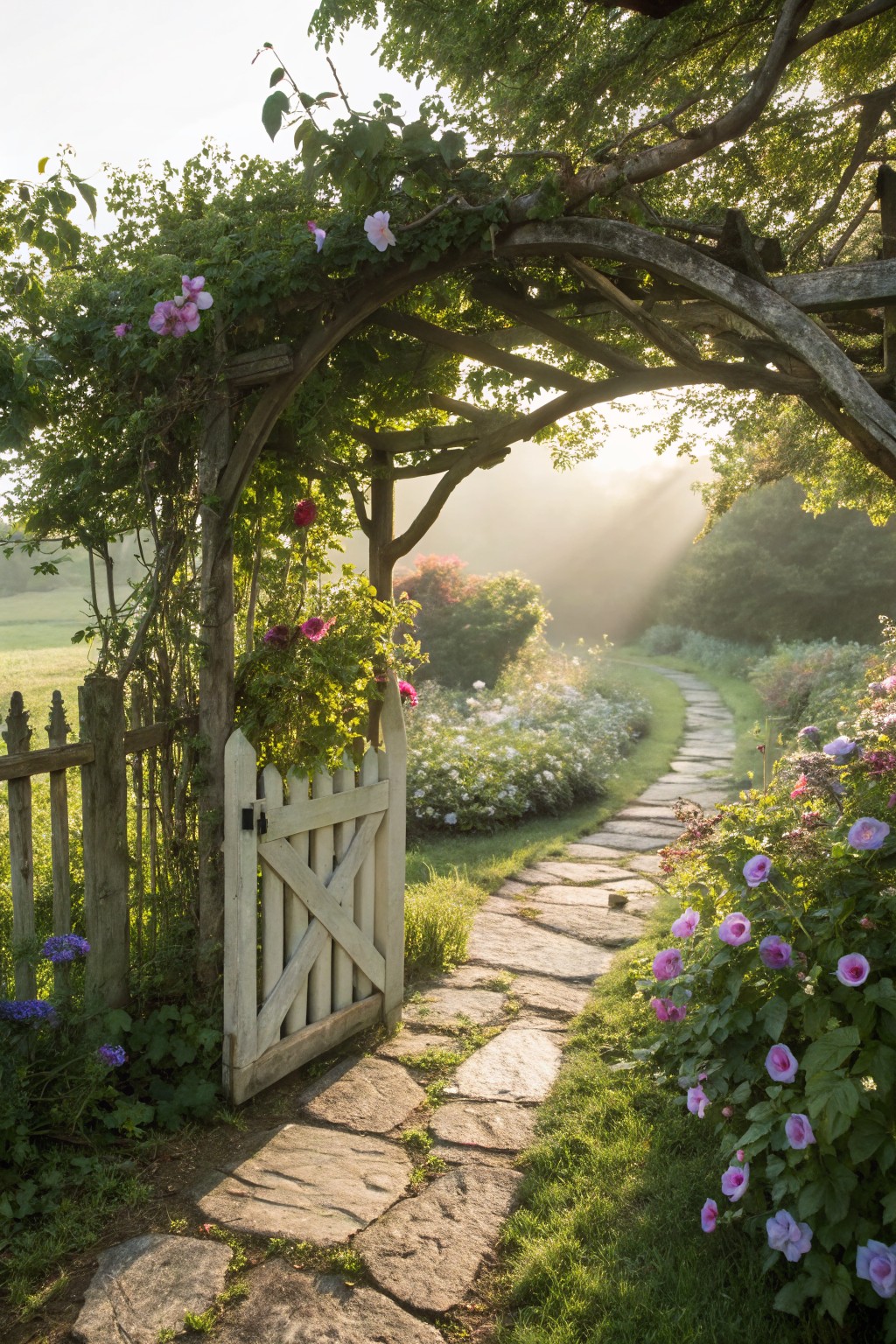 White picket gate beneath a wooden arched trellis covered in pink morning glory flowers leads to a winding stone path through lush gardens with more pink blooms and green foliage in morning sunlight.