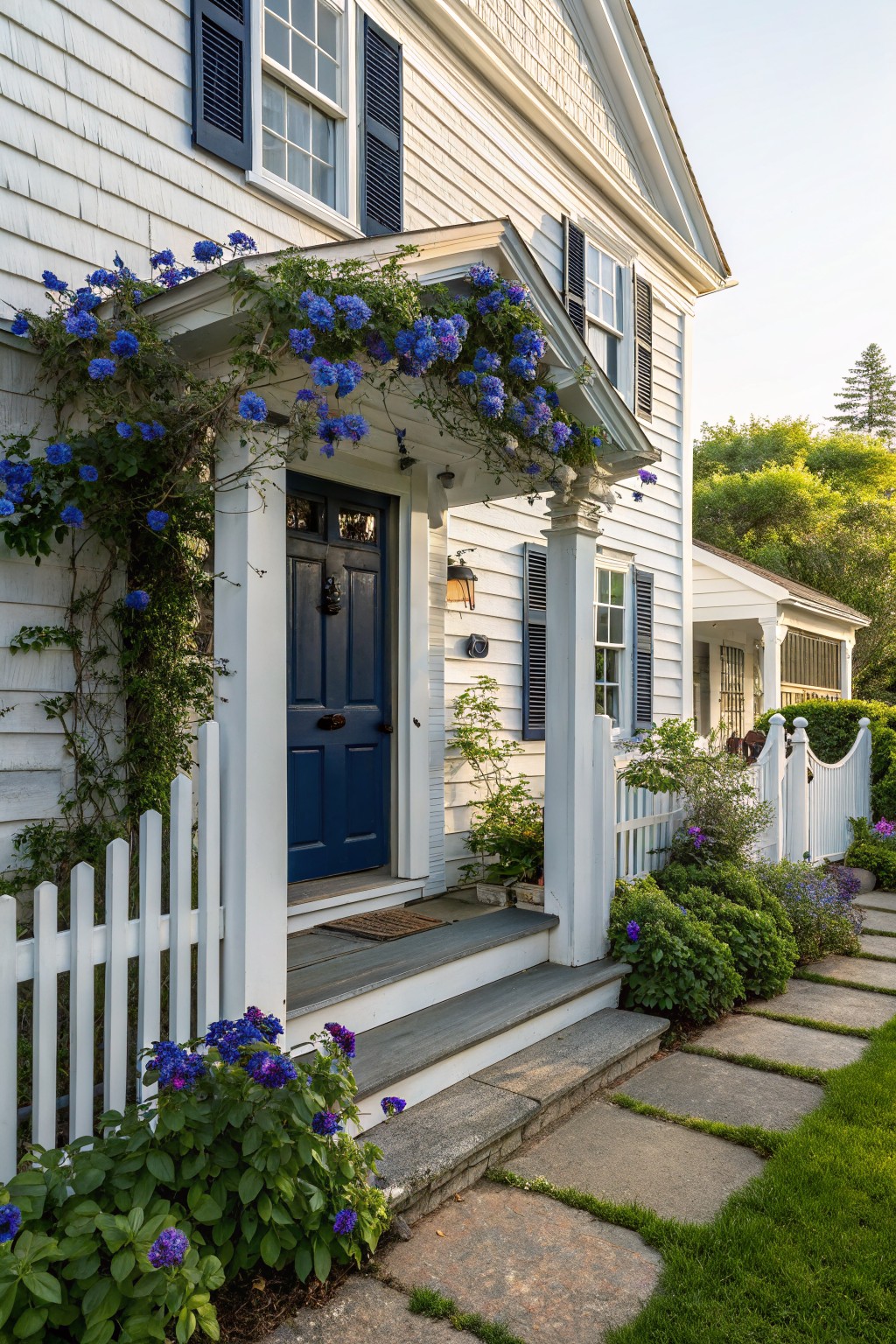 White clapboard house exterior featuring a dark blue front door under a porch with fluted columns and an archway covered in blooming blue morning glories, white picket fence, stone steps, and nearby hydrangea shrubs.