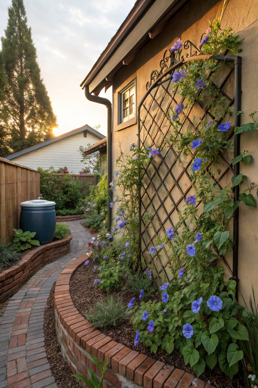 Beige stucco house wall with black wrought iron trellis covered in blooming blue morning glory vines, adjacent to a curved brick pathway edged in brick, a blue rain barrel, and garden plants at sunset.